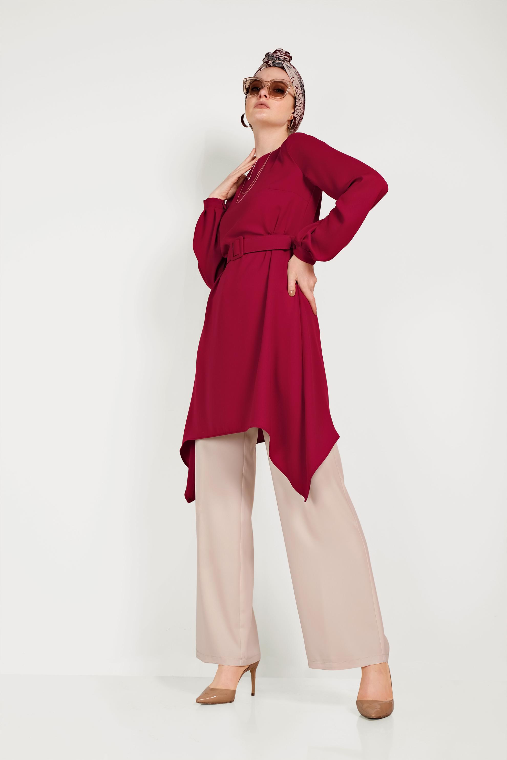 Tesettür giyim BORDO ASİMETRİK KESİM İKİLİ PANTOLONLU TAKIM 30004