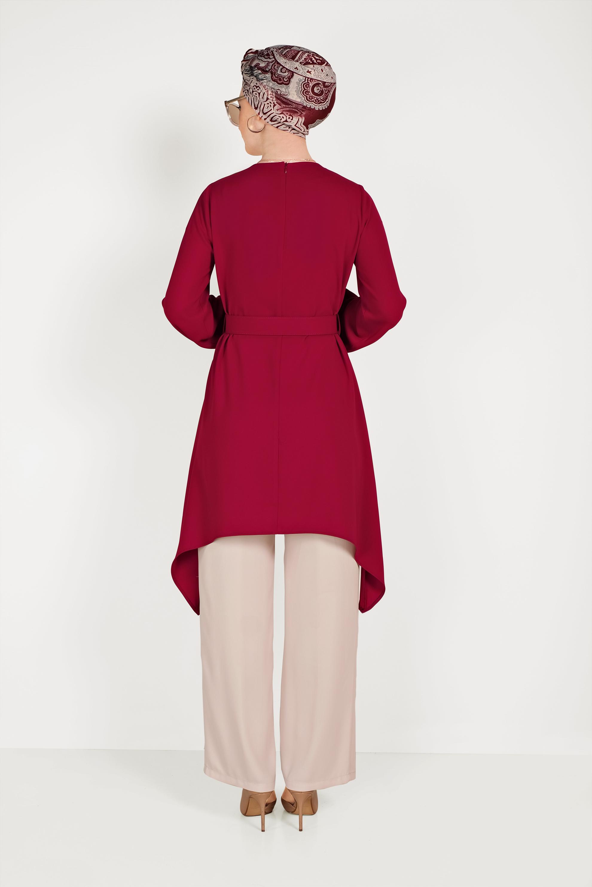 Tesettür giyim BORDO ASİMETRİK KESİM İKİLİ PANTOLONLU TAKIM 30004