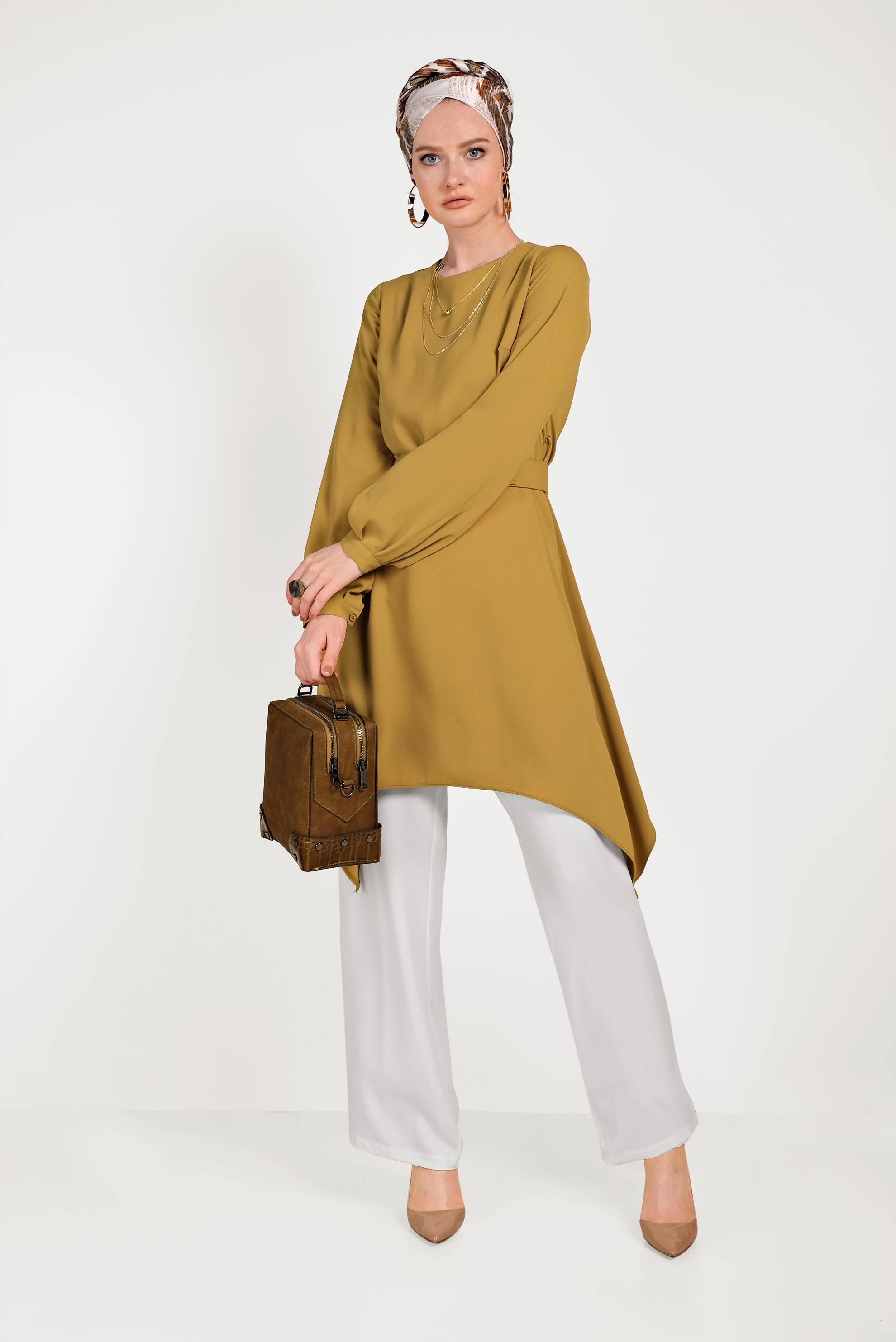 Tesettür giyim SARI ASİMETRİK KESİM İKİLİ PANTOLONLU TAKIM 30004