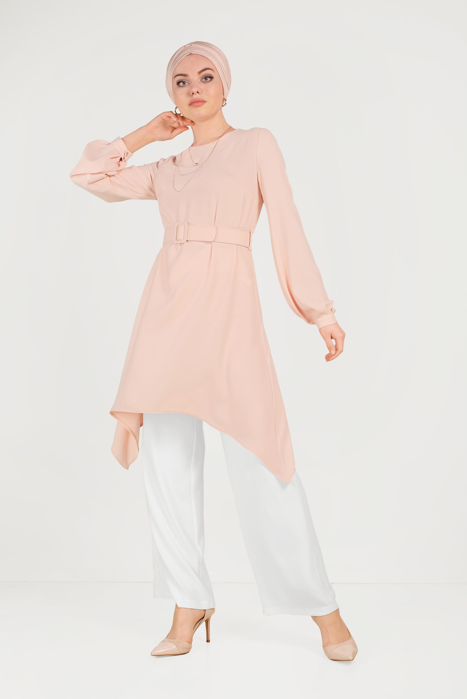 Tesettür giyim PUDRA ASİMETRİK KESİM İKİLİ PANTOLONLU TAKIM 30004