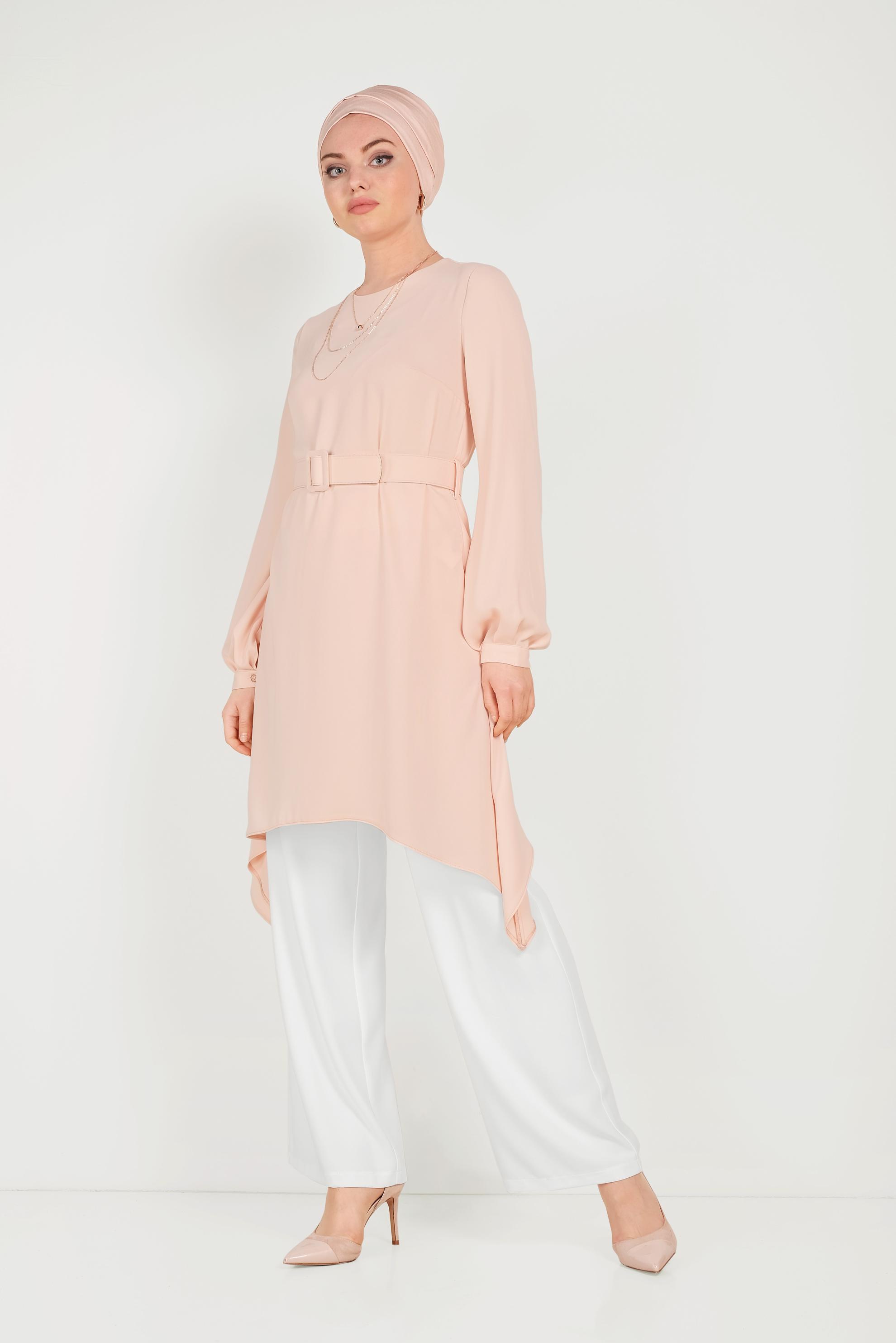 Tesettür giyim PUDRA ASİMETRİK KESİM İKİLİ PANTOLONLU TAKIM 30004