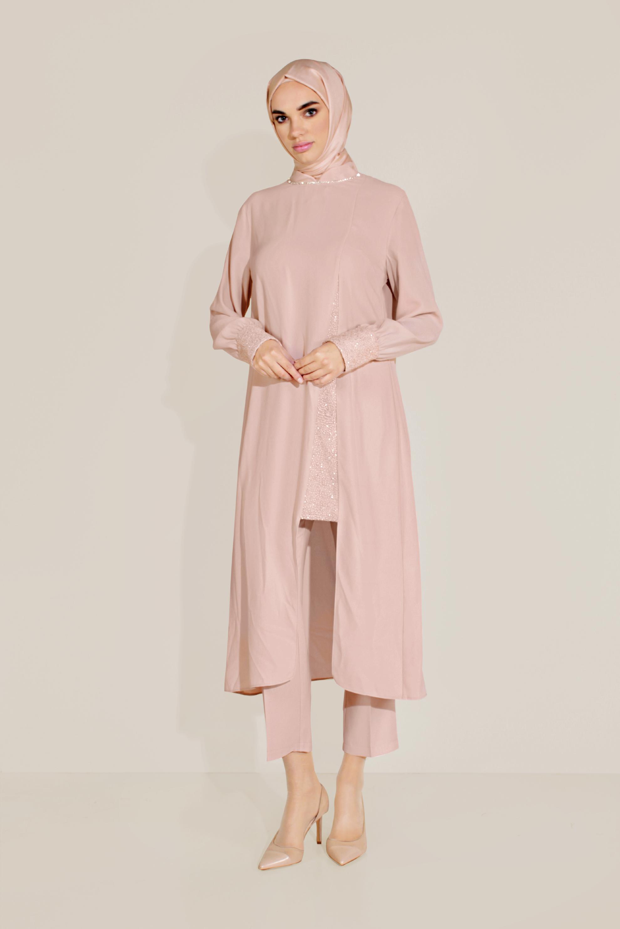 Tesettür giyim PUDRA YIRTMAÇLI TAŞLI HAKİM YAKA TAKIM 30005