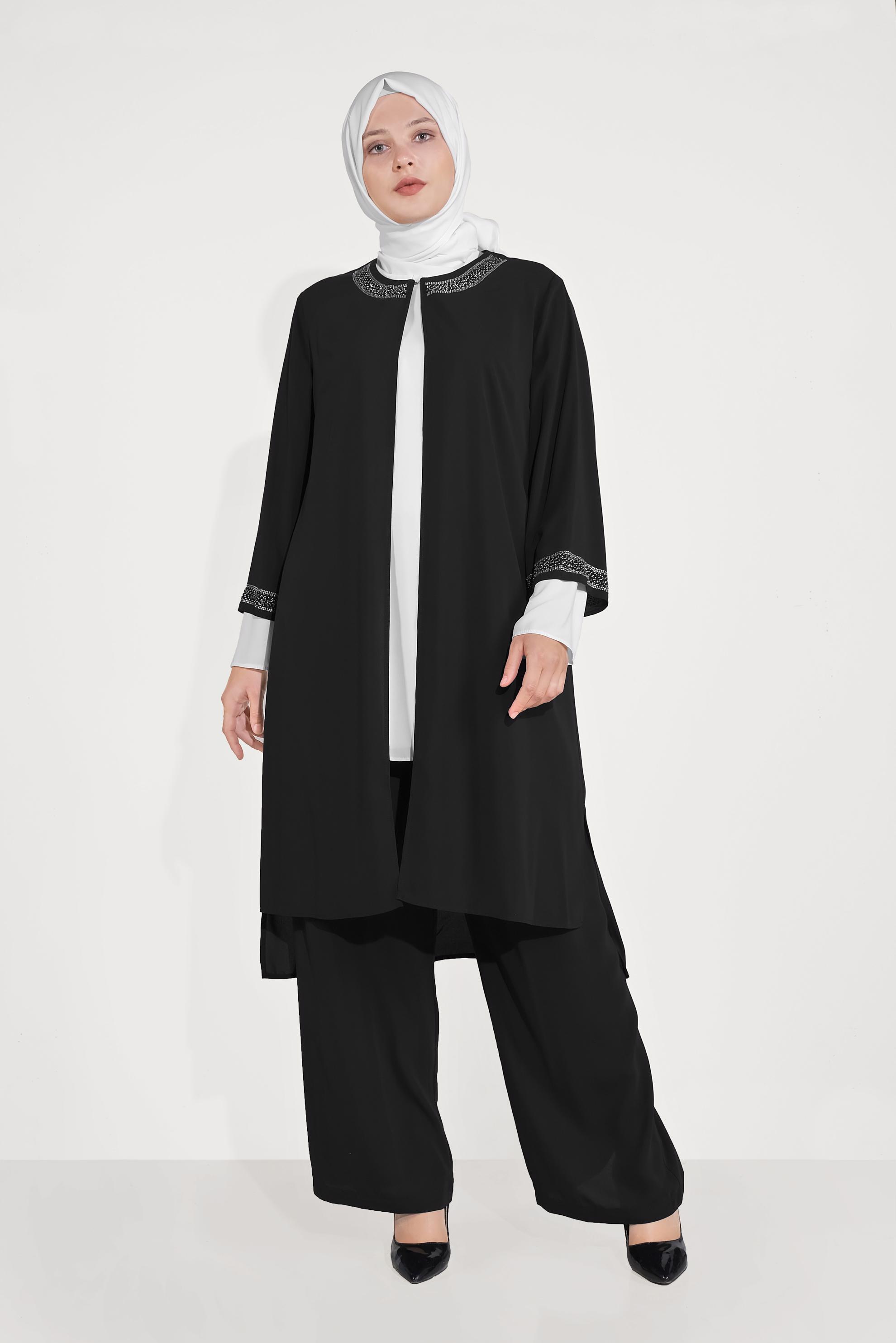 Tesettür giyim SİYAH TAŞ DETAYLI ÜÇLÜ PANT. TAKIM 30006 