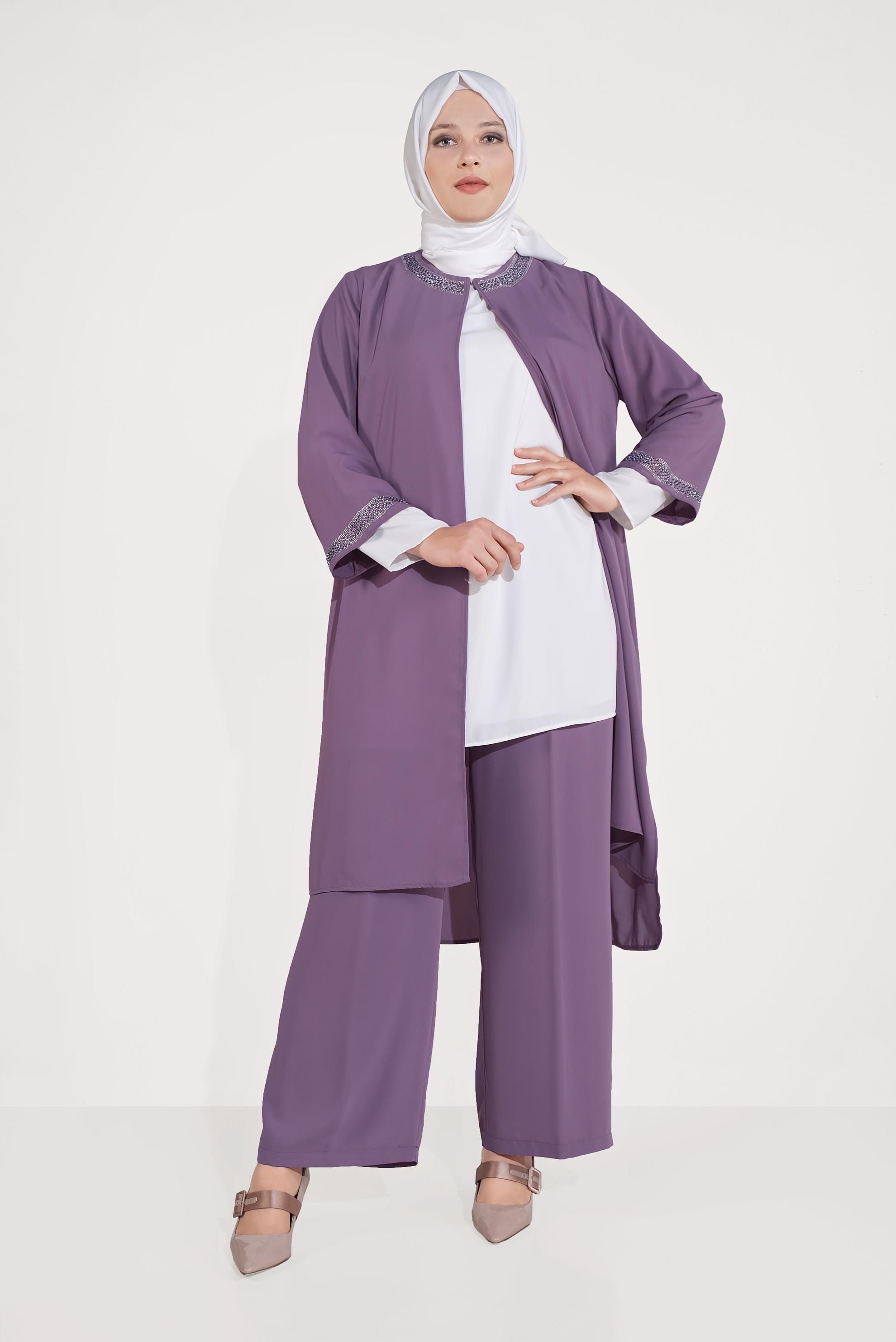 Tesettür giyim MOR TAŞ DETAYLI ÜÇLÜ PANT. TAKIM 30006 