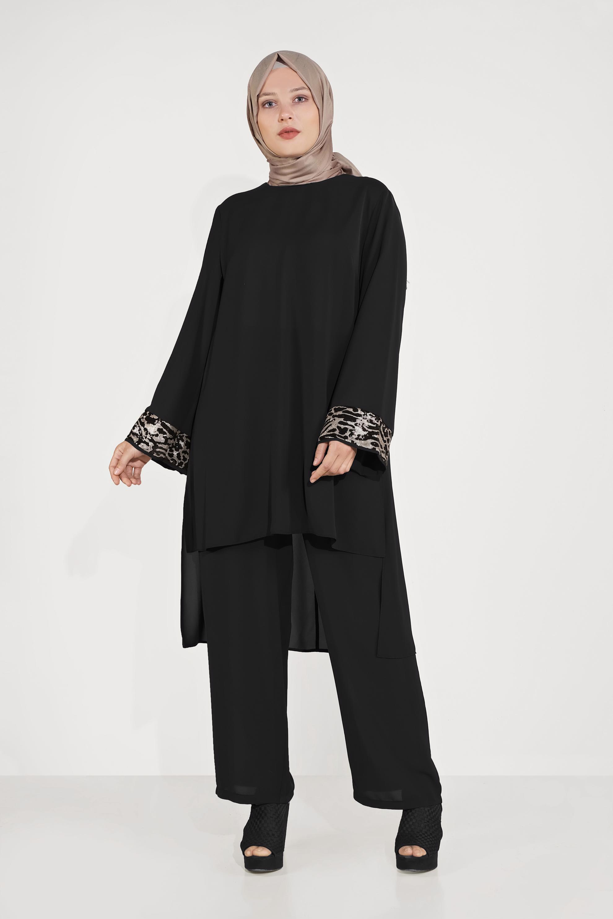Tesettür giyim SİYAH ASİMETRİK KESİM PUL PAYETLİ İKİLİ PANTOLONLU TAKIM  30007