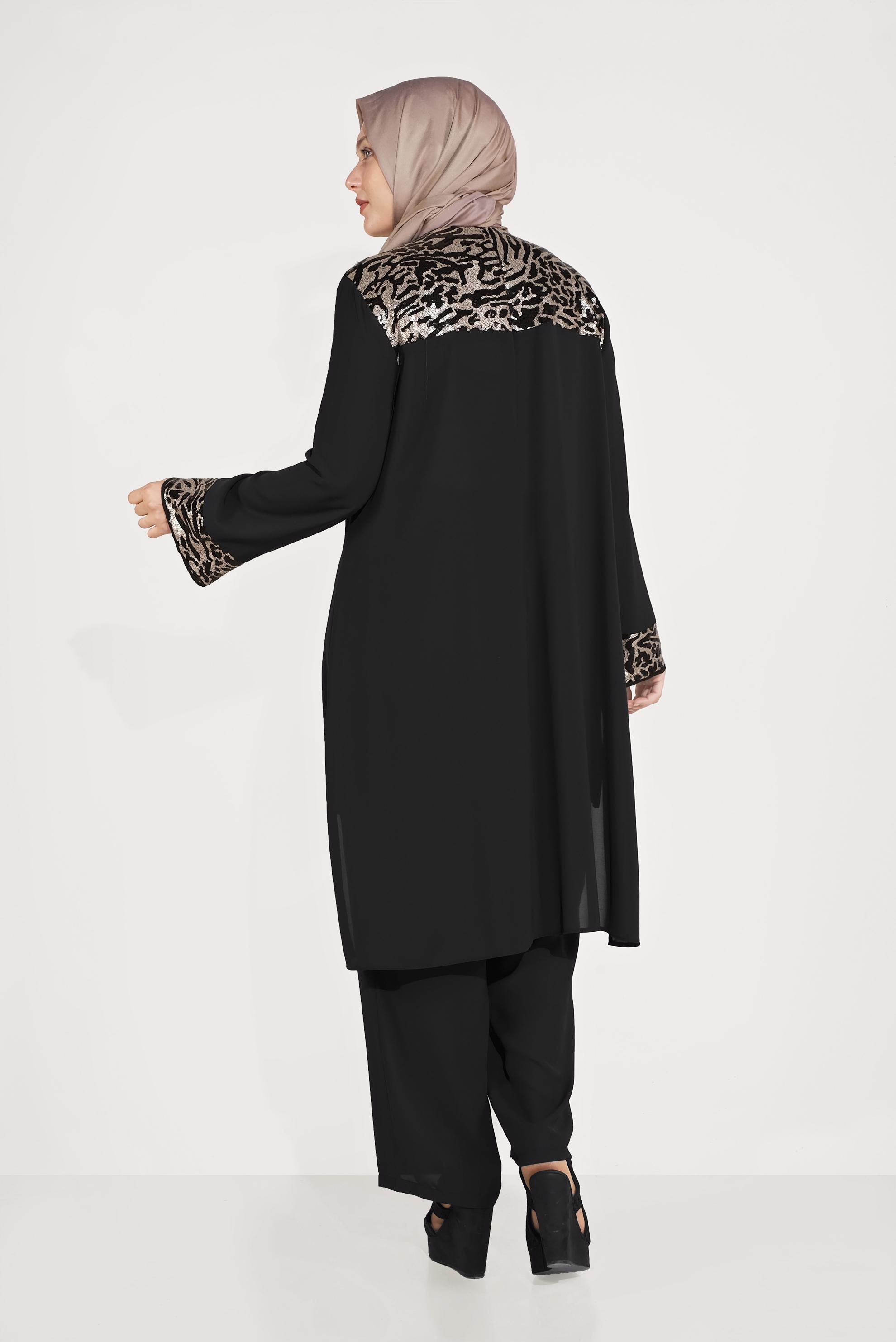 Tesettür giyim SİYAH ASİMETRİK KESİM PUL PAYETLİ İKİLİ PANTOLONLU TAKIM  30007