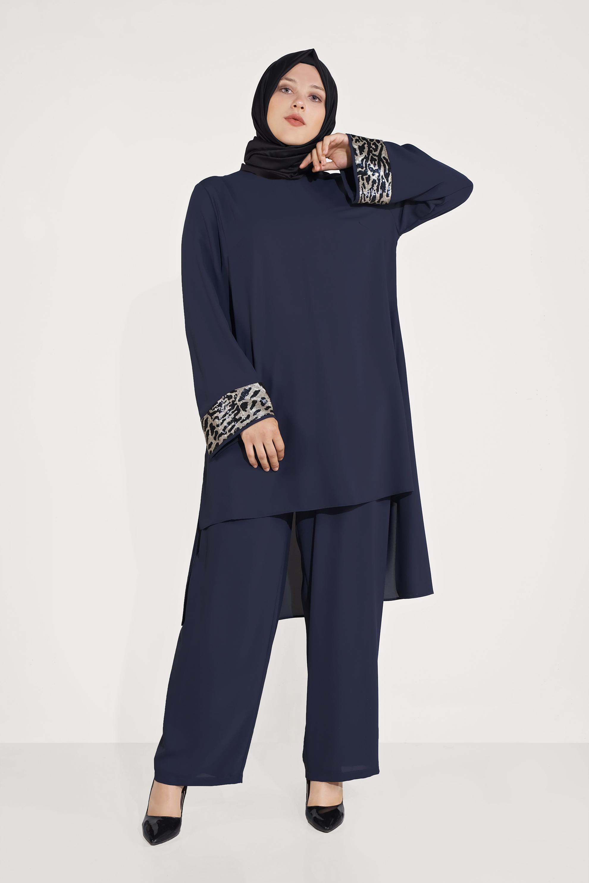Tesettür giyim LACİVERT ASİMETRİK KESİM PUL PAYETLİ İKİLİ PANTOLONLU TAKIM  30007