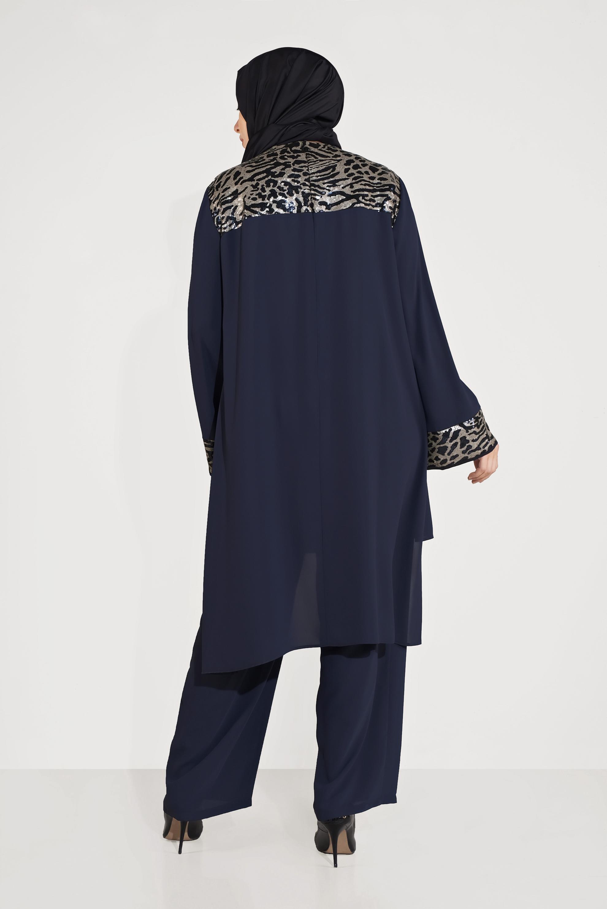 Tesettür giyim LACİVERT ASİMETRİK KESİM PUL PAYETLİ İKİLİ PANTOLONLU TAKIM  30007