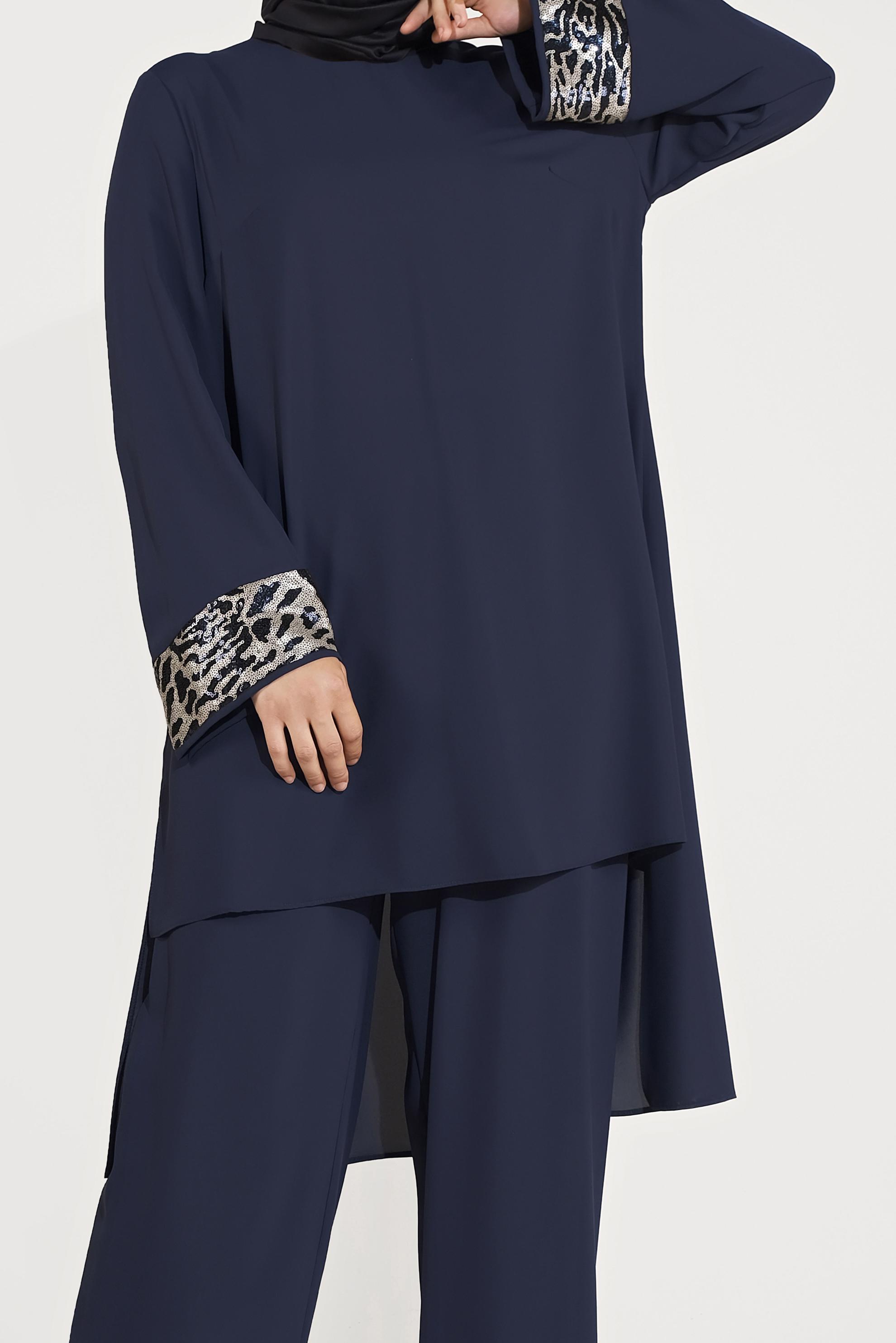 Tesettür giyim LACİVERT ASİMETRİK KESİM PUL PAYETLİ İKİLİ PANTOLONLU TAKIM  30007