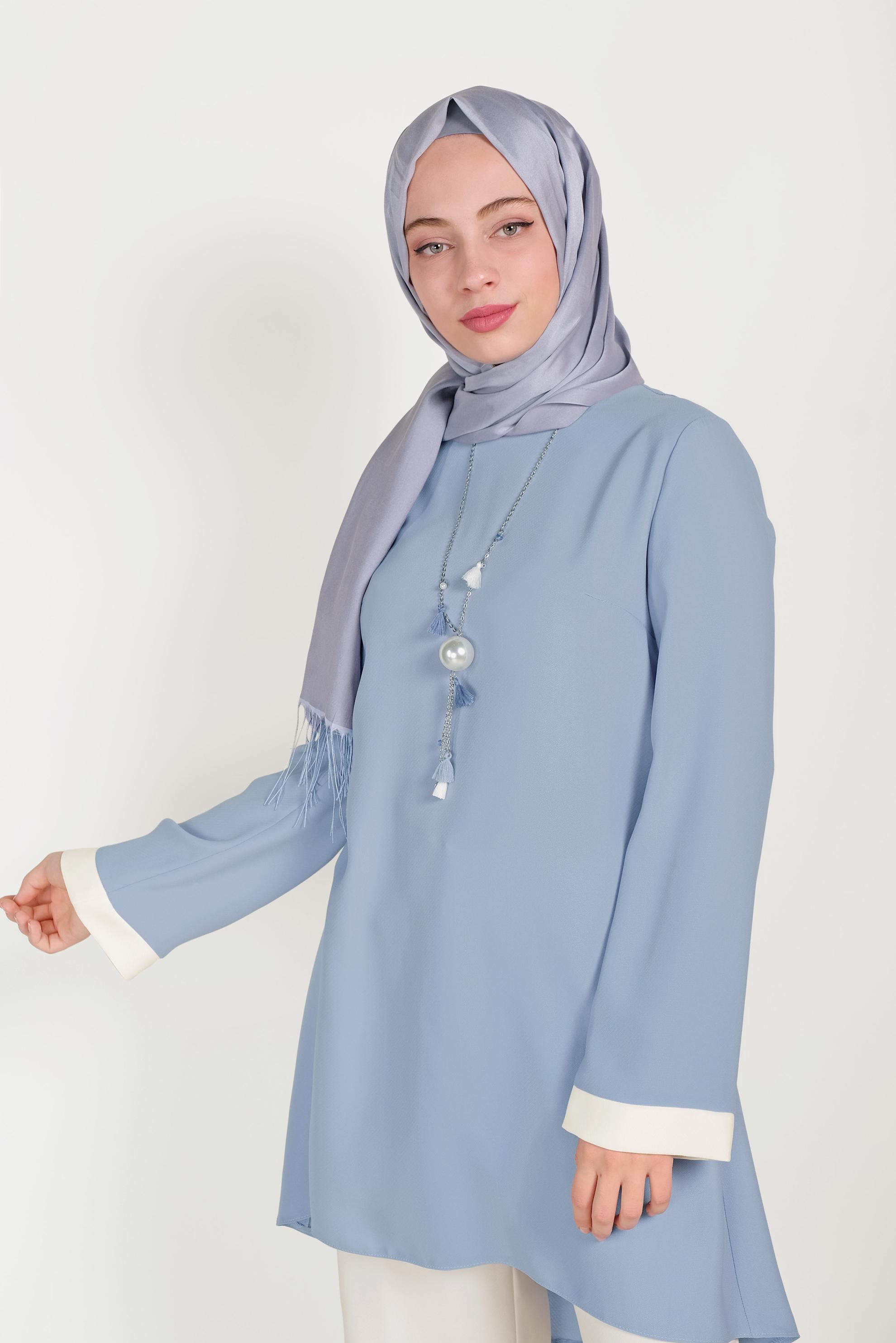 Tesettür giyim MAVİ FLORAL DESENLİ İKİLİ PANTOLONLU TAKIM 30008