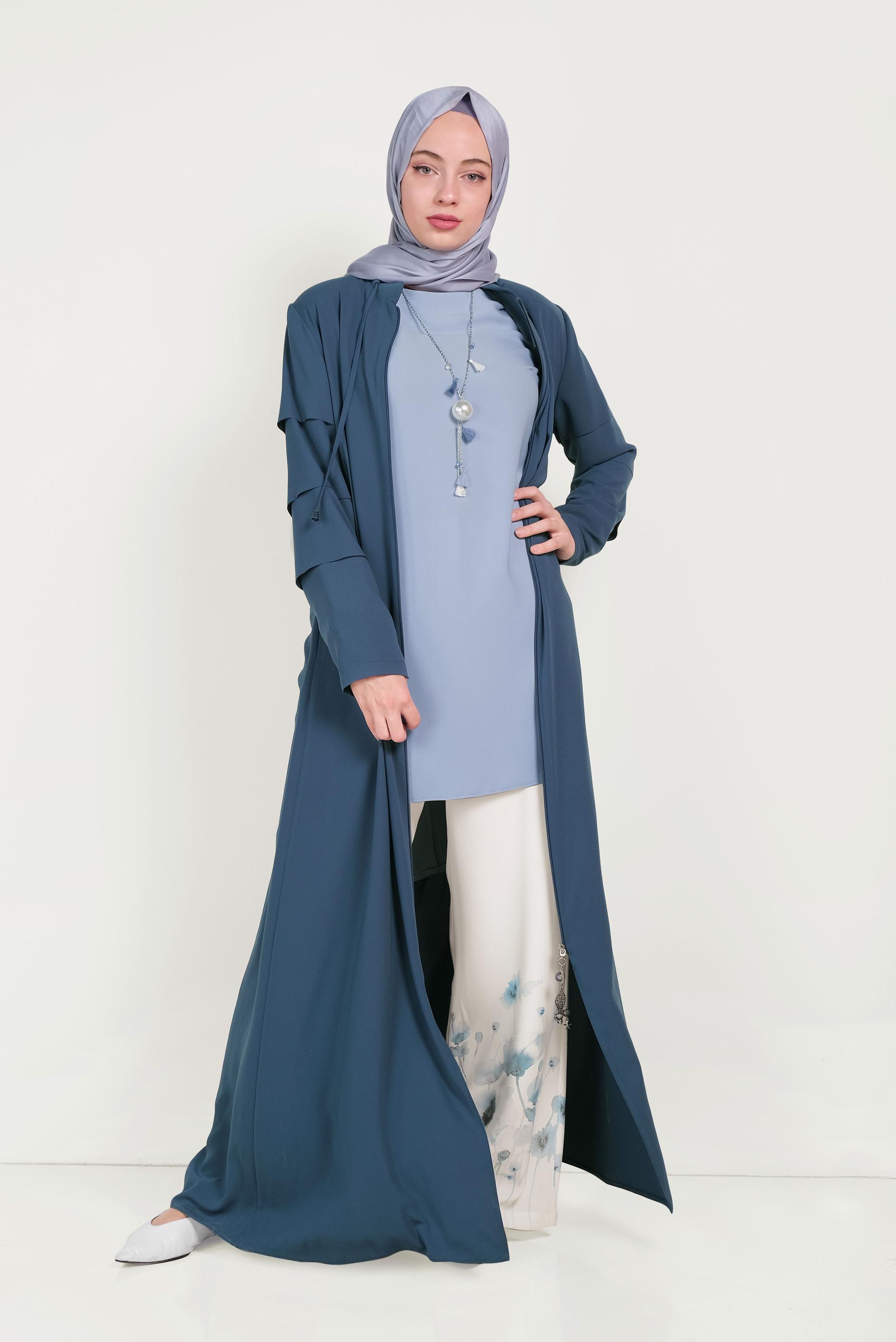 Tesettür giyim MAVİ FLORAL DESENLİ İKİLİ PANTOLONLU TAKIM 30008