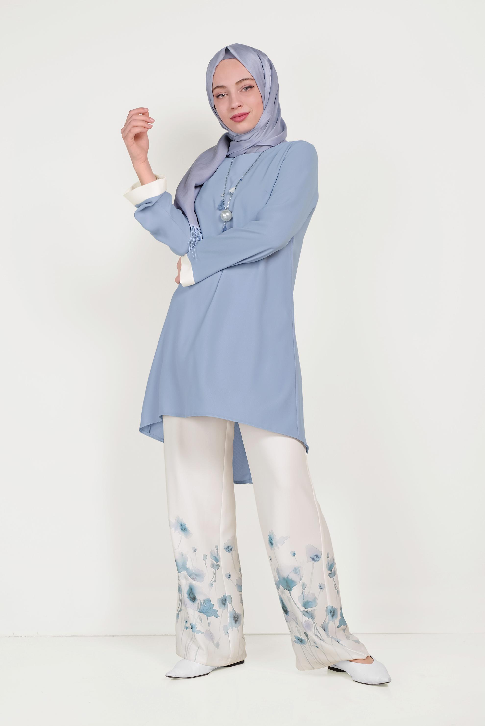 Tesettür giyim MAVİ FLORAL DESENLİ İKİLİ PANTOLONLU TAKIM 30008
