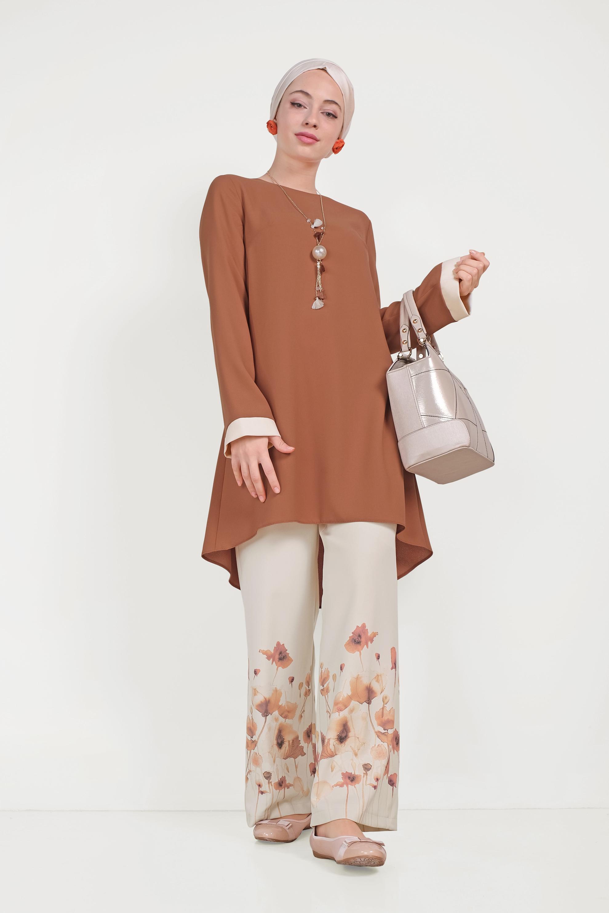 Tesettür giyim TURUNCU FLORAL DESENLİ İKİLİ PANTOLONLU TAKIM 30008