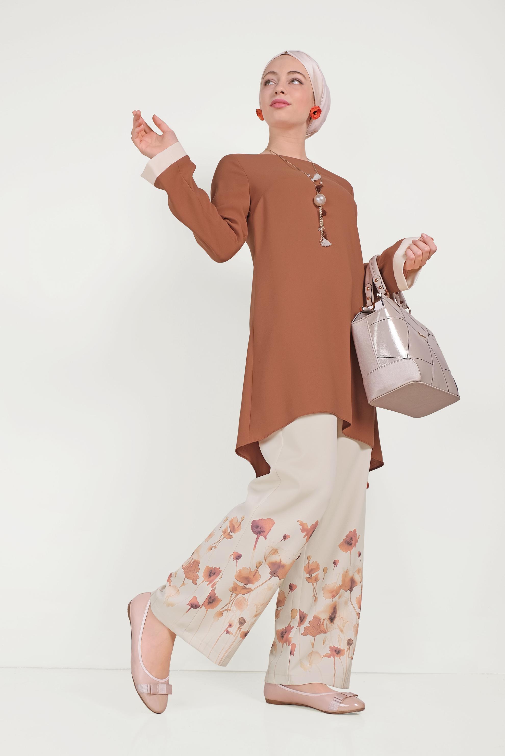 Tesettür giyim TURUNCU FLORAL DESENLİ İKİLİ PANTOLONLU TAKIM 30008