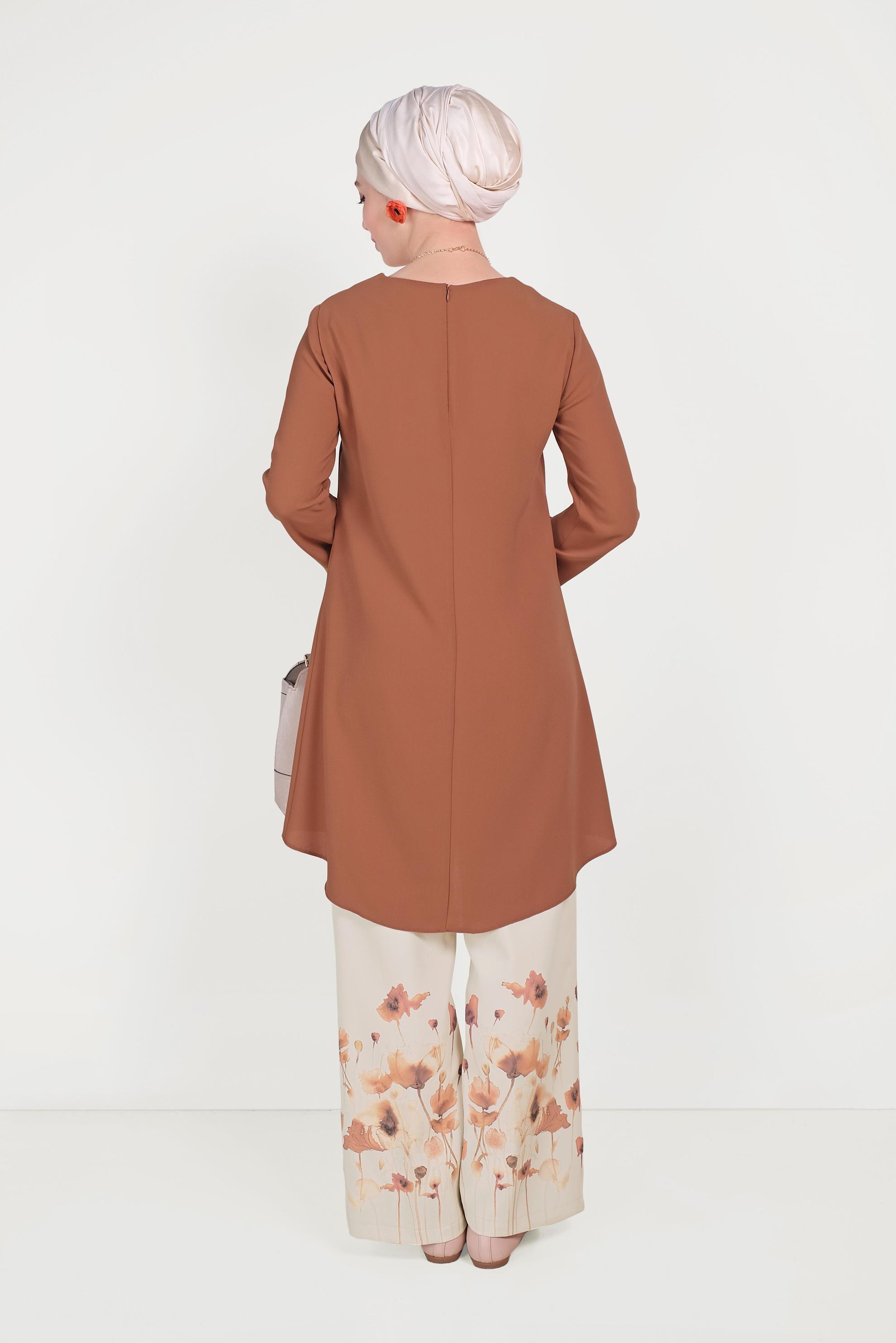 Tesettür giyim TURUNCU FLORAL DESENLİ İKİLİ PANTOLONLU TAKIM 30008