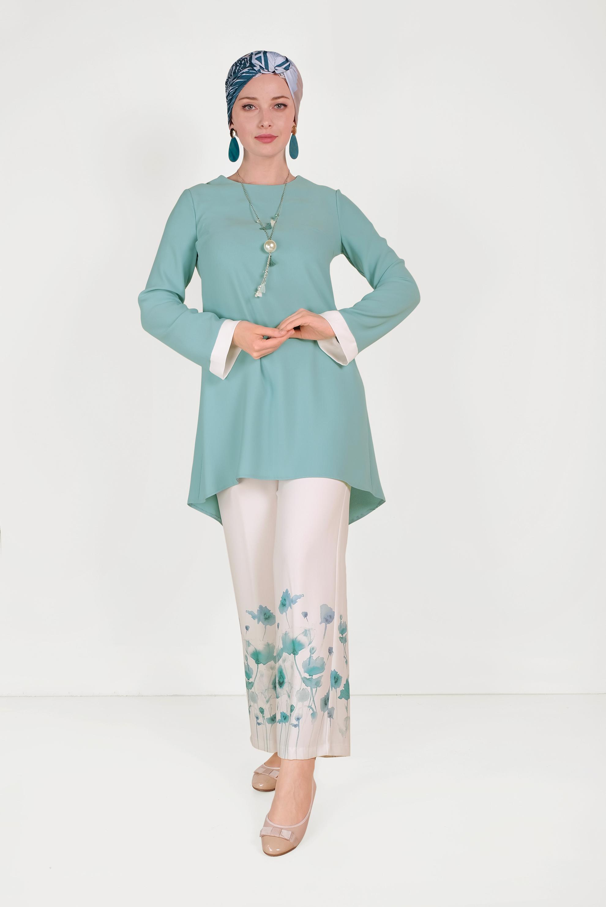 Tesettür giyim YEŞİL FLORAL DESENLİ İKİLİ PANTOLONLU TAKIM 30008