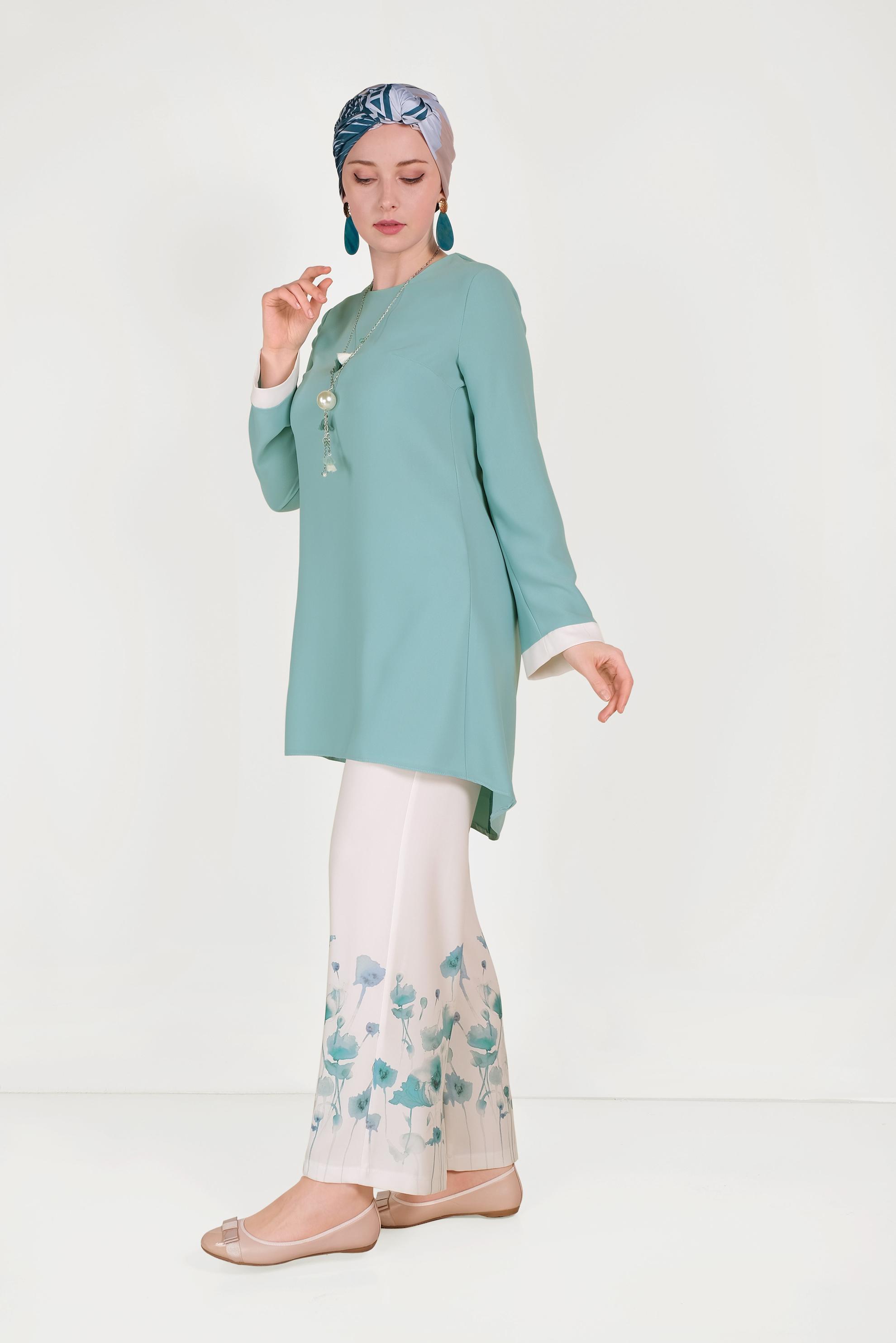 Tesettür giyim YEŞİL FLORAL DESENLİ İKİLİ PANTOLONLU TAKIM 30008