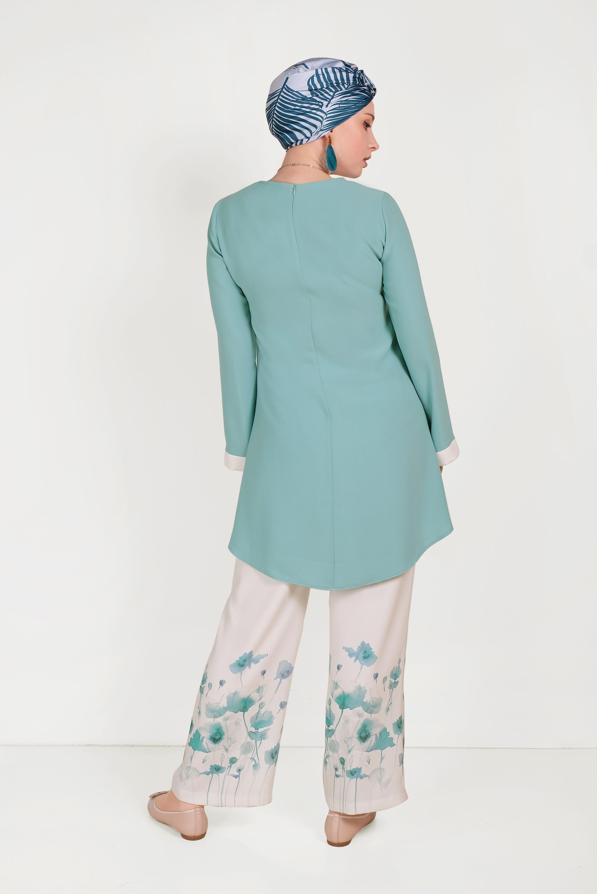 Tesettür giyim YEŞİL FLORAL DESENLİ İKİLİ PANTOLONLU TAKIM 30008