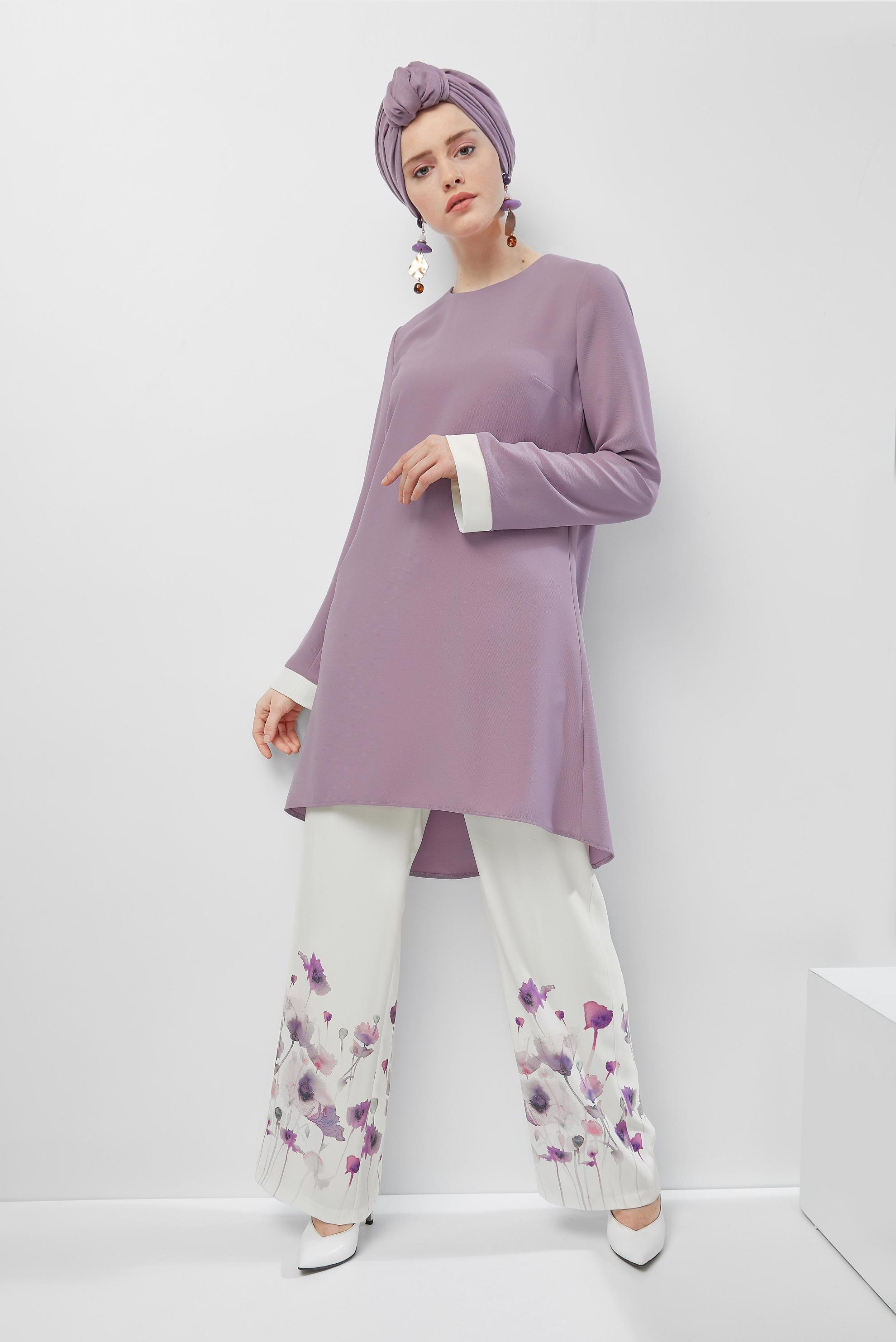 Tesettür giyim MÜRDÜM FLORAL DESENLİ İKİLİ PANTOLONLU TAKIM 30008