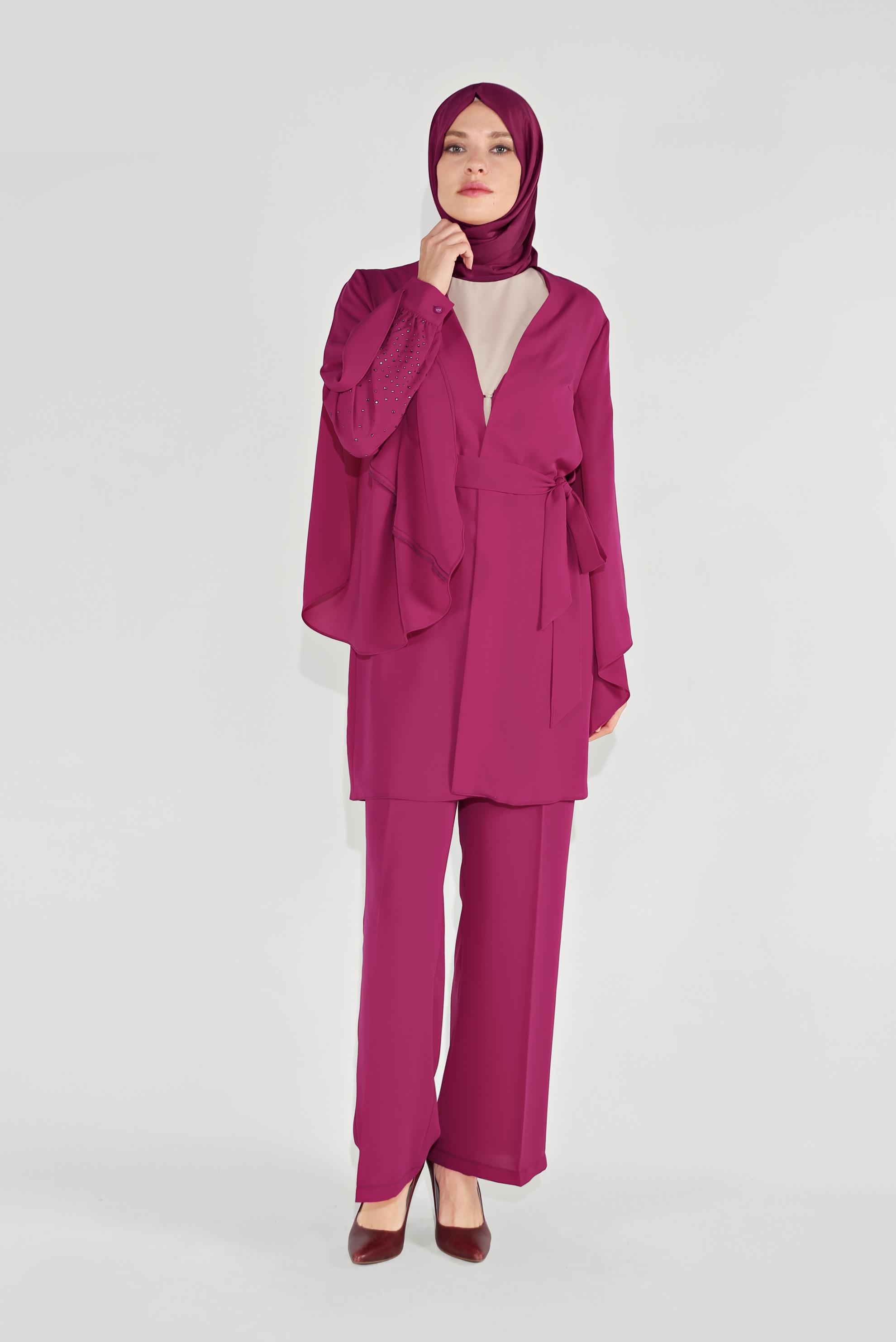 Tesettür giyim FUŞYA SALAŞ KOL KLASİK ÜÇLÜ PANTOLONLU TAKIM 30009