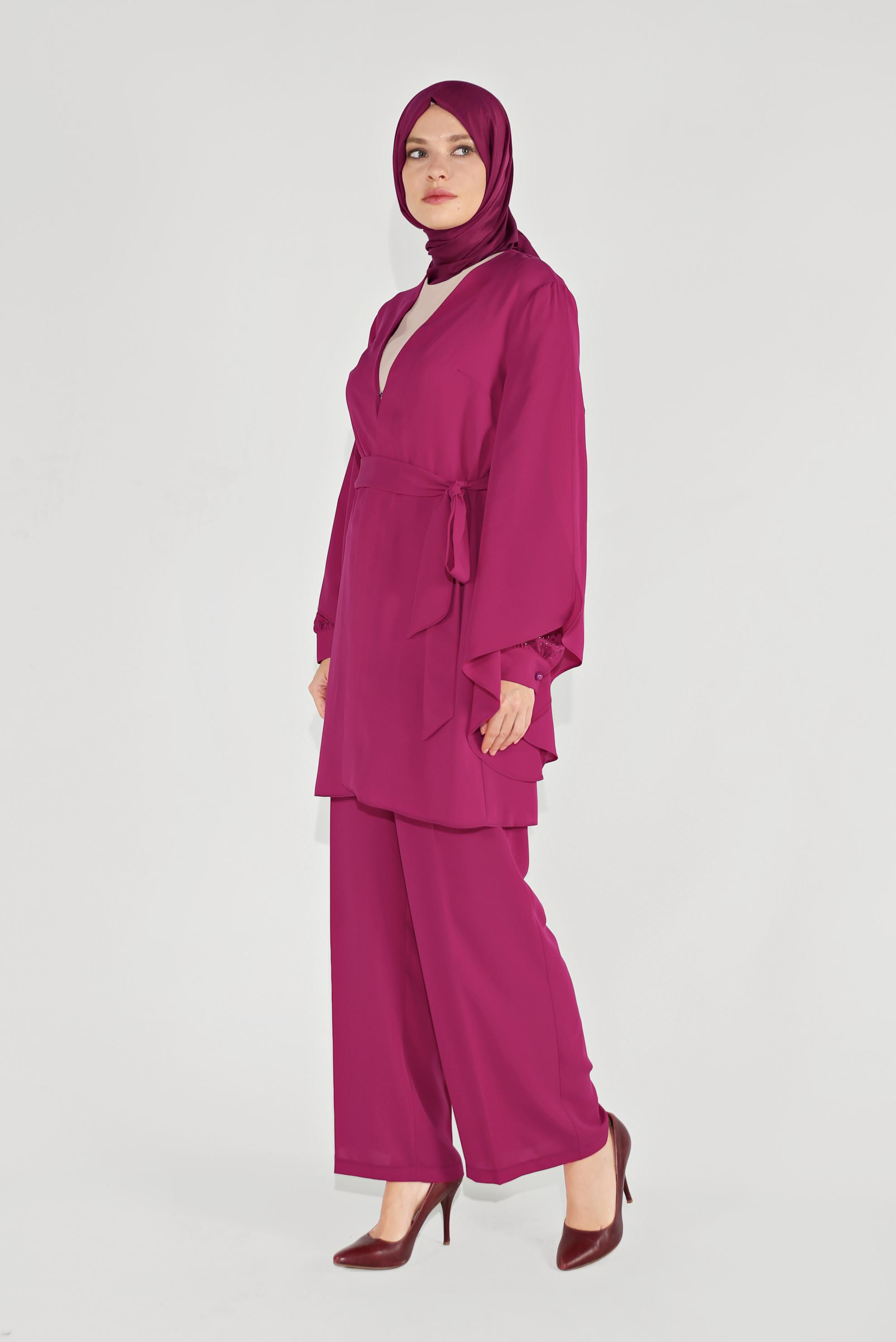 Tesettür giyim FUŞYA SALAŞ KOL KLASİK ÜÇLÜ PANTOLONLU TAKIM 30009