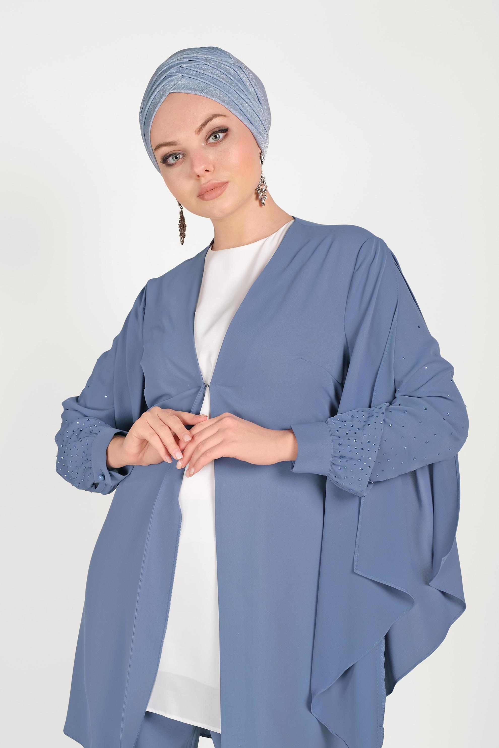 Tesettür giyim LACİVERT SALAŞ KOL KLASİK ÜÇLÜ PANTOLONLU TAKIM 30009