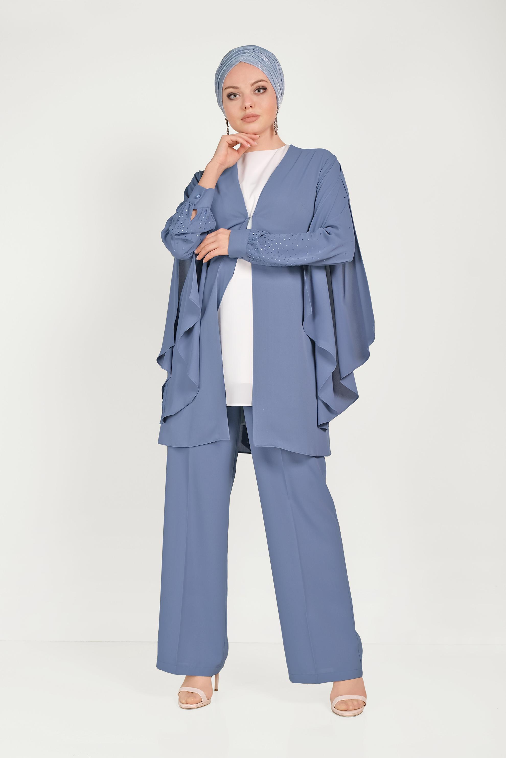 Tesettür giyim LACİVERT SALAŞ KOL KLASİK ÜÇLÜ PANTOLONLU TAKIM 30009