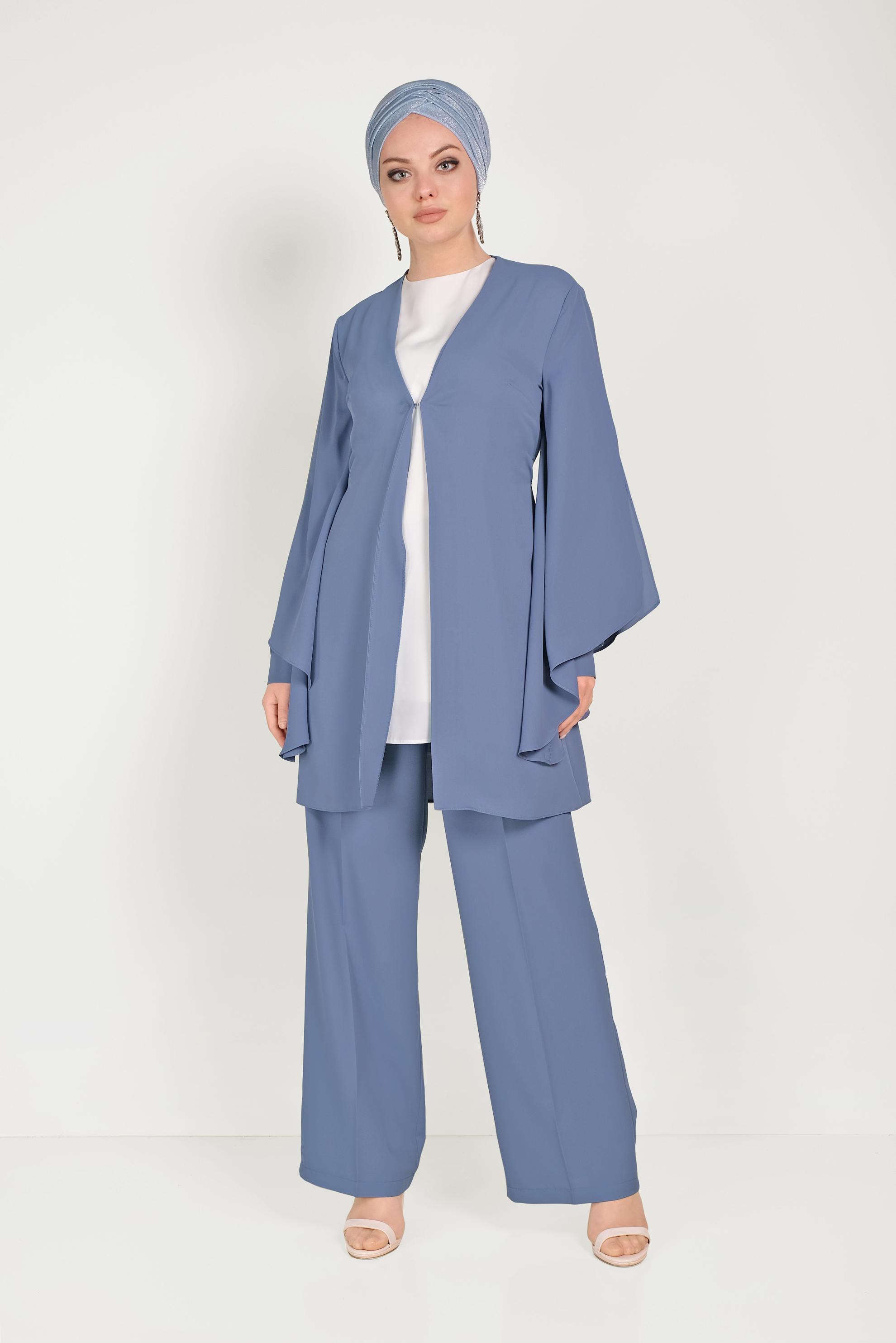Tesettür giyim LACİVERT SALAŞ KOL KLASİK ÜÇLÜ PANTOLONLU TAKIM 30009