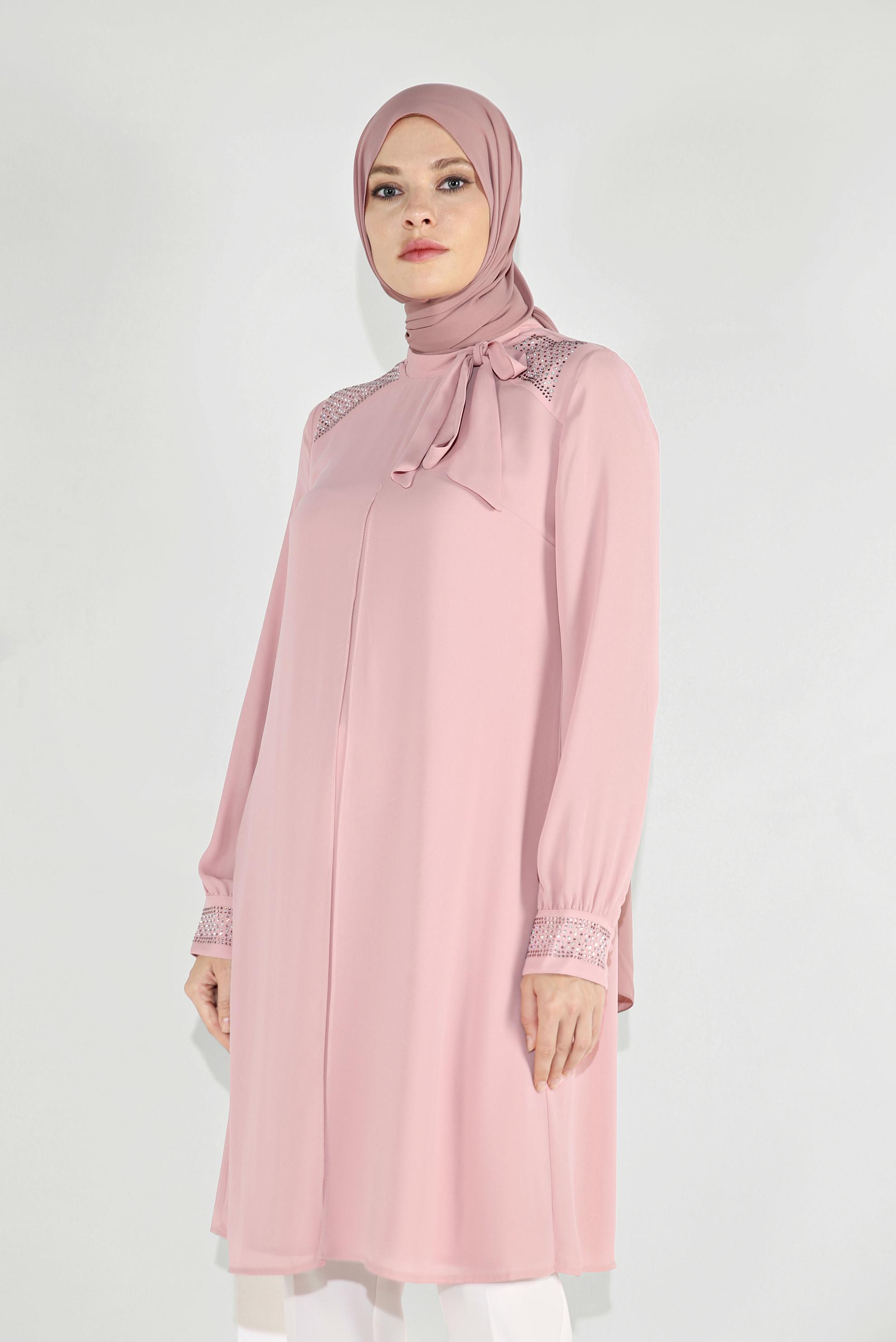 Tesettür giyim PUDRA İŞLEMELİ YAKA DETAYLI  ŞİFON PANTOLONLU TAKIM  30010