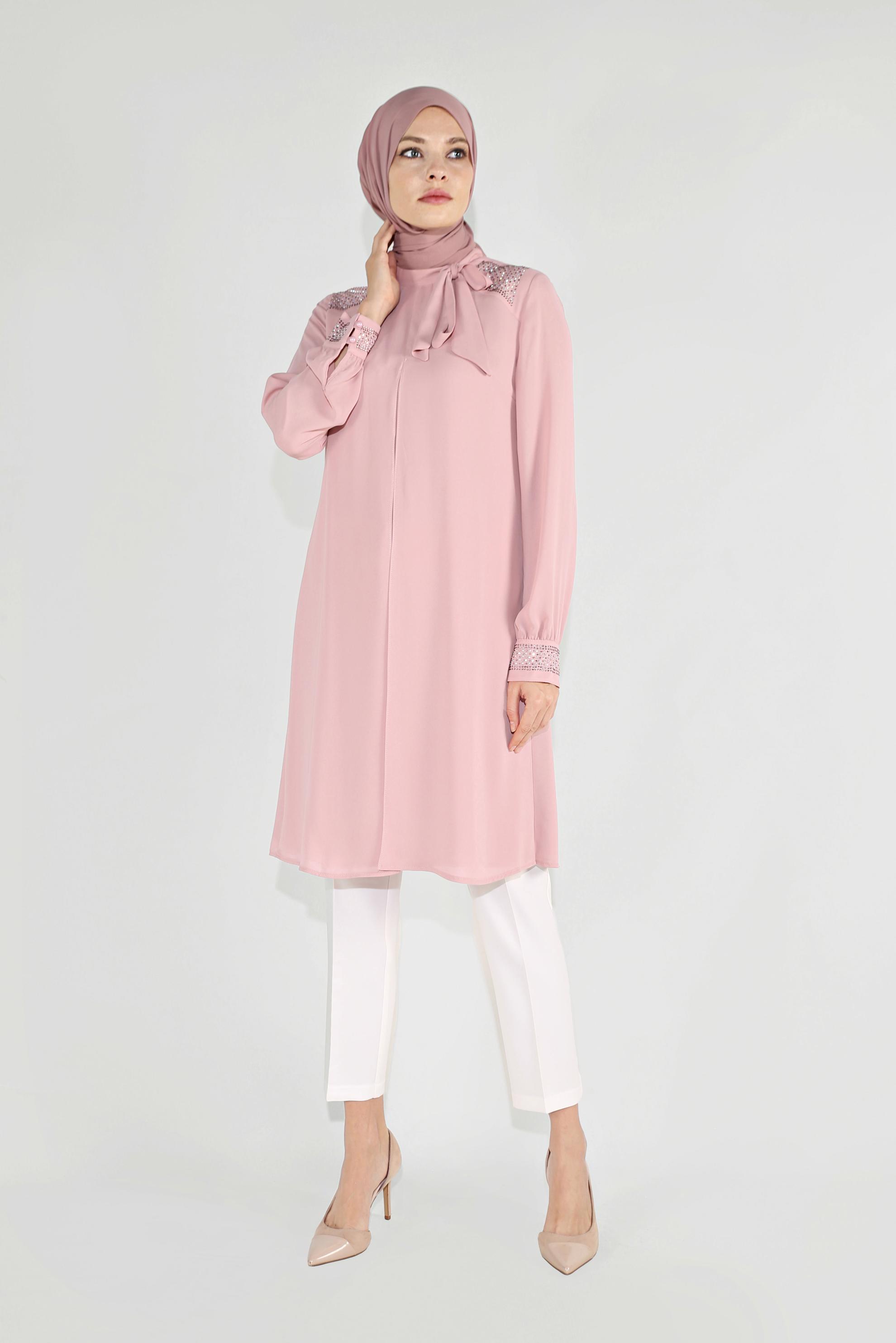 Tesettür giyim PUDRA İŞLEMELİ YAKA DETAYLI  ŞİFON PANTOLONLU TAKIM  30010