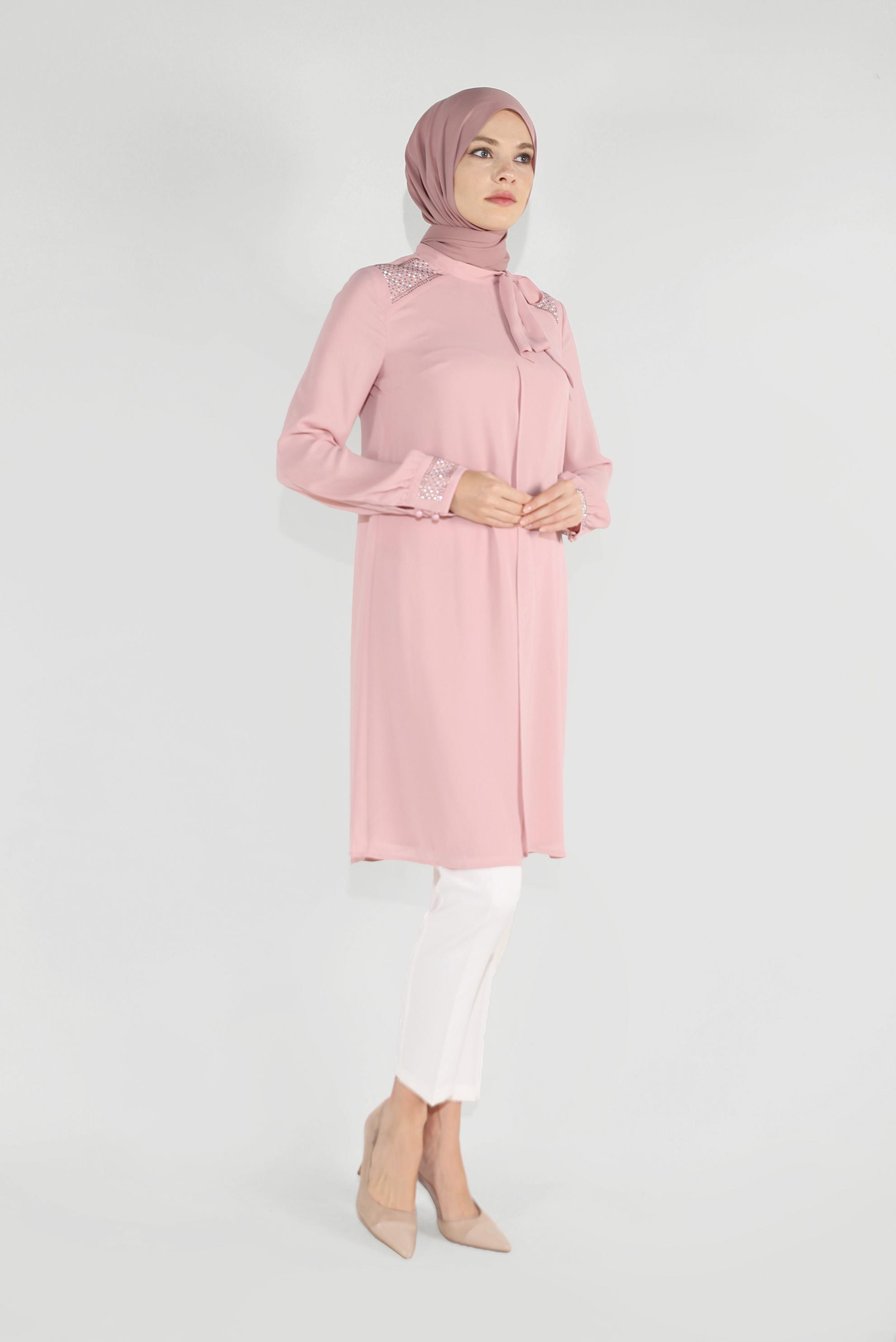 Tesettür giyim PUDRA İŞLEMELİ YAKA DETAYLI  ŞİFON PANTOLONLU TAKIM  30010