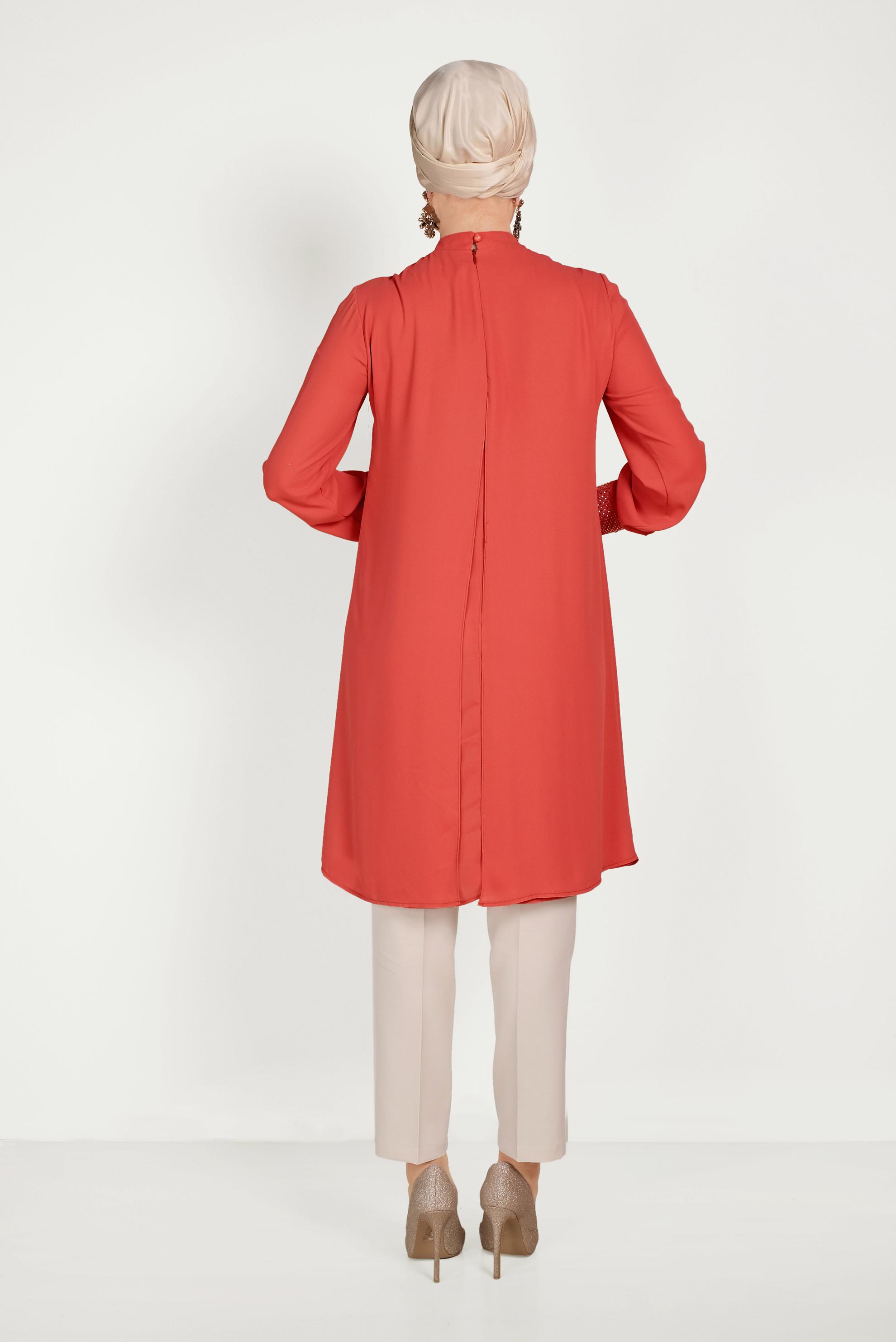 Tesettür giyim KIRMIZI İŞLEMELİ YAKA DETAYLI  ŞİFON PANTOLONLU TAKIM  30010