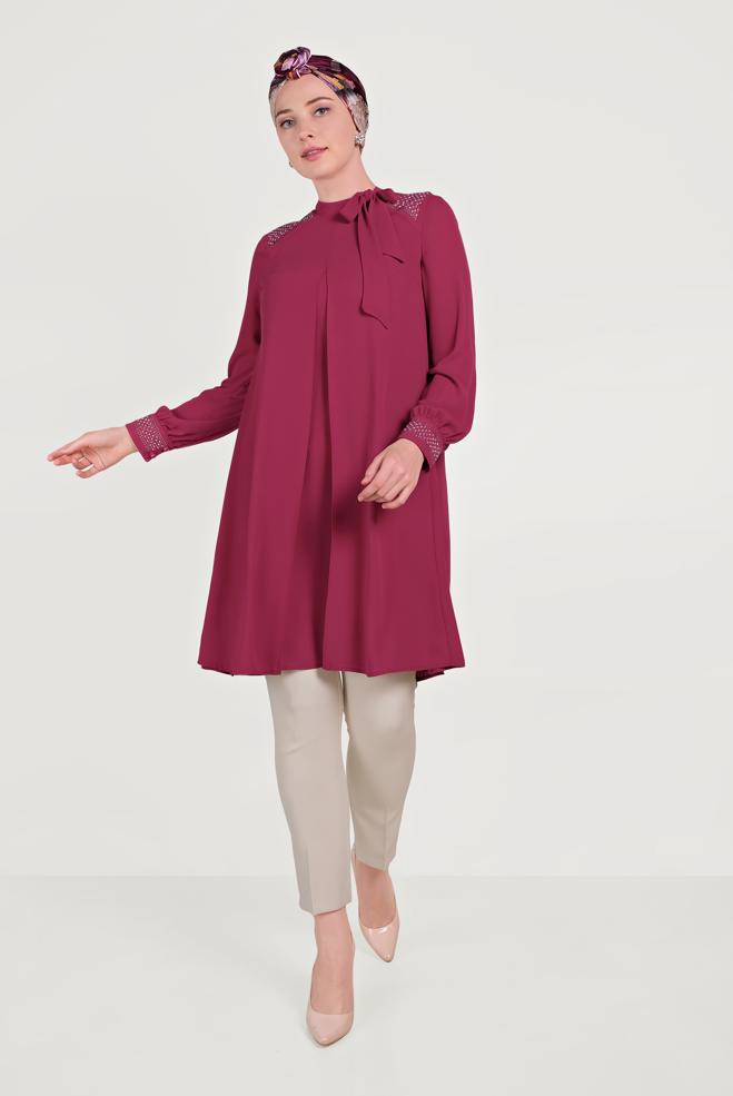 Tesettür giyim MOR İŞLEMELİ YAKA DETAYLI  ŞİFON PANTOLONLU TAKIM  30010 - ALVİNA