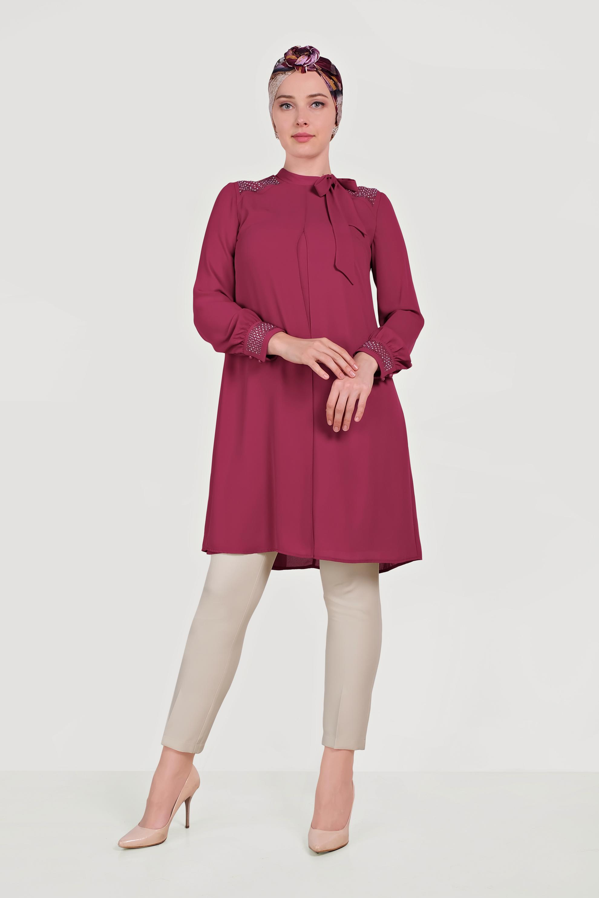 Tesettür giyim MOR İŞLEMELİ YAKA DETAYLI  ŞİFON PANTOLONLU TAKIM  30010