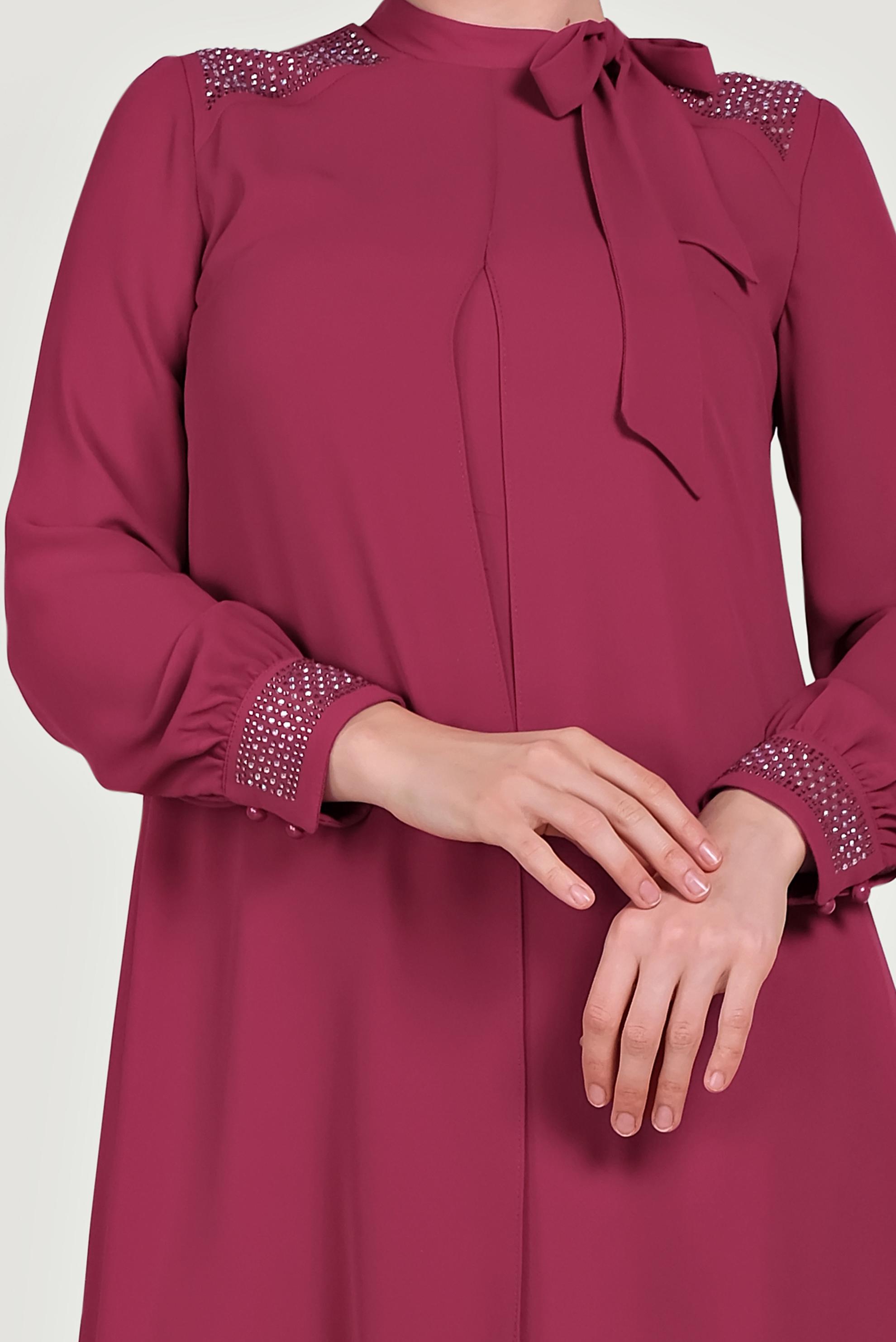 Tesettür giyim MOR İŞLEMELİ YAKA DETAYLI  ŞİFON PANTOLONLU TAKIM  30010