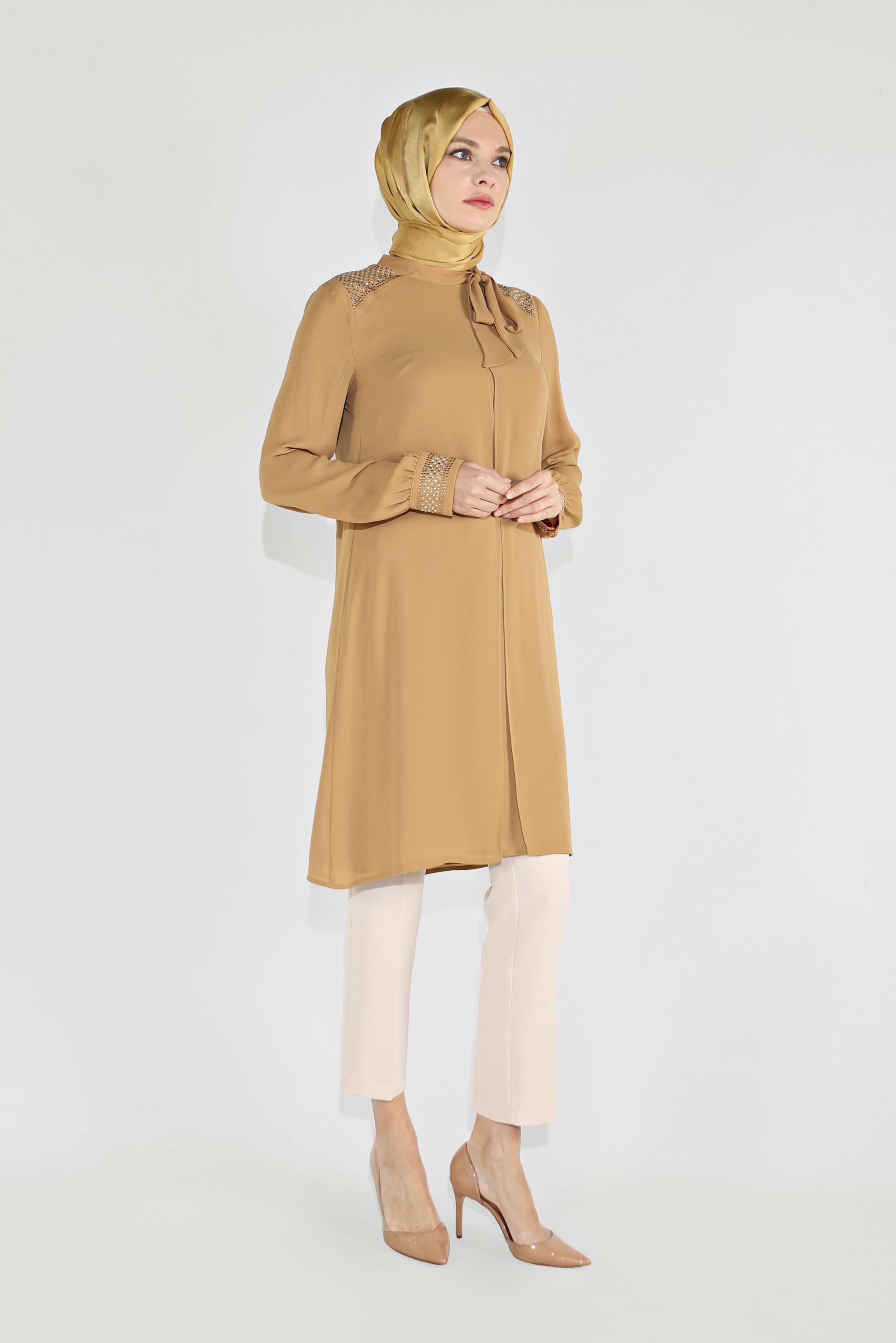 Tesettür giyim SARI İŞLEMELİ YAKA DETAYLI  ŞİFON PANTOLONLU TAKIM  30010