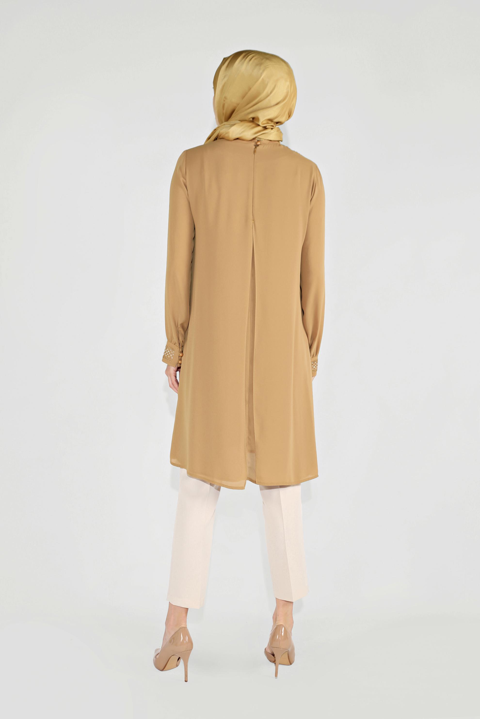 Tesettür giyim SARI İŞLEMELİ YAKA DETAYLI  ŞİFON PANTOLONLU TAKIM  30010