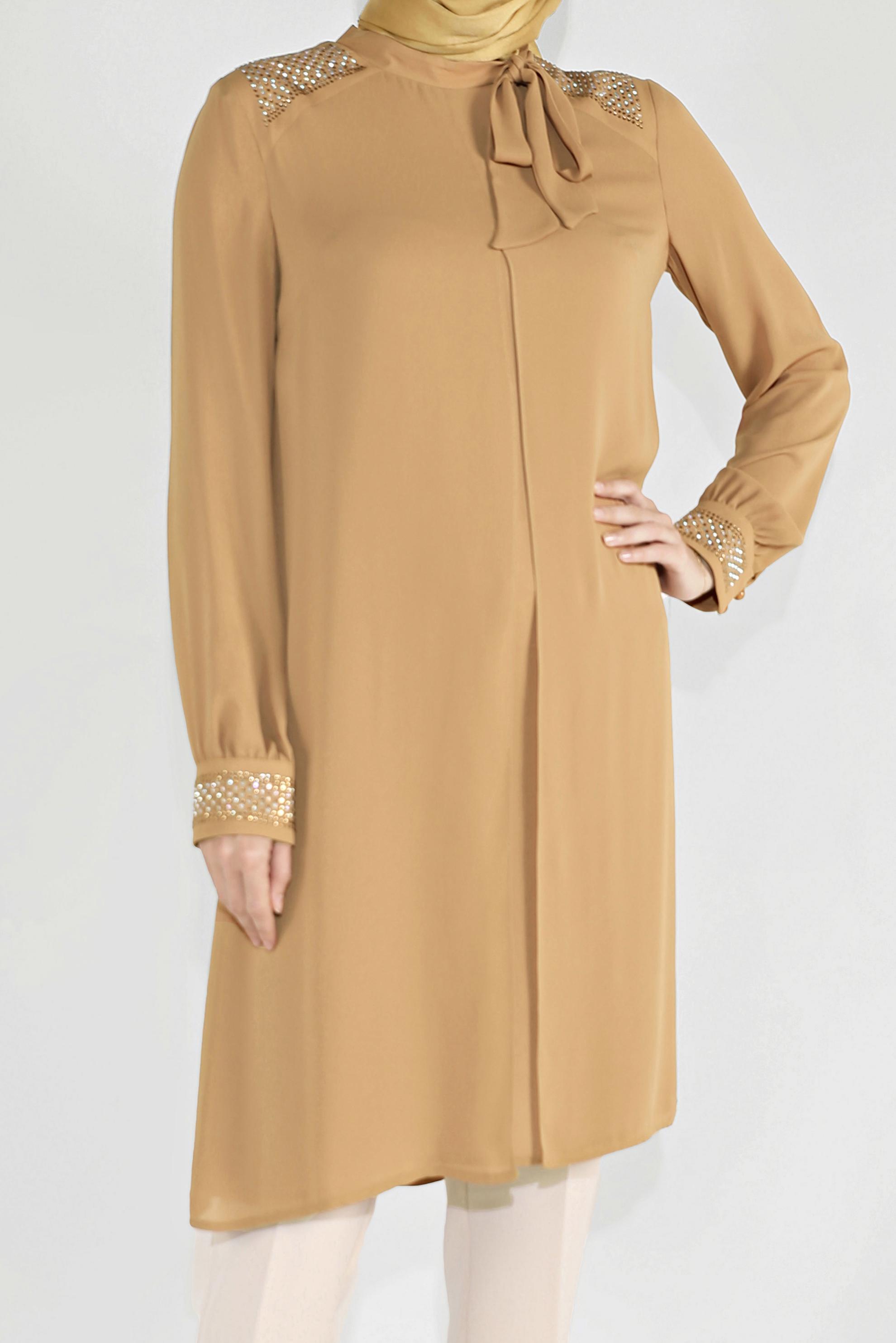 Tesettür giyim SARI İŞLEMELİ YAKA DETAYLI  ŞİFON PANTOLONLU TAKIM  30010