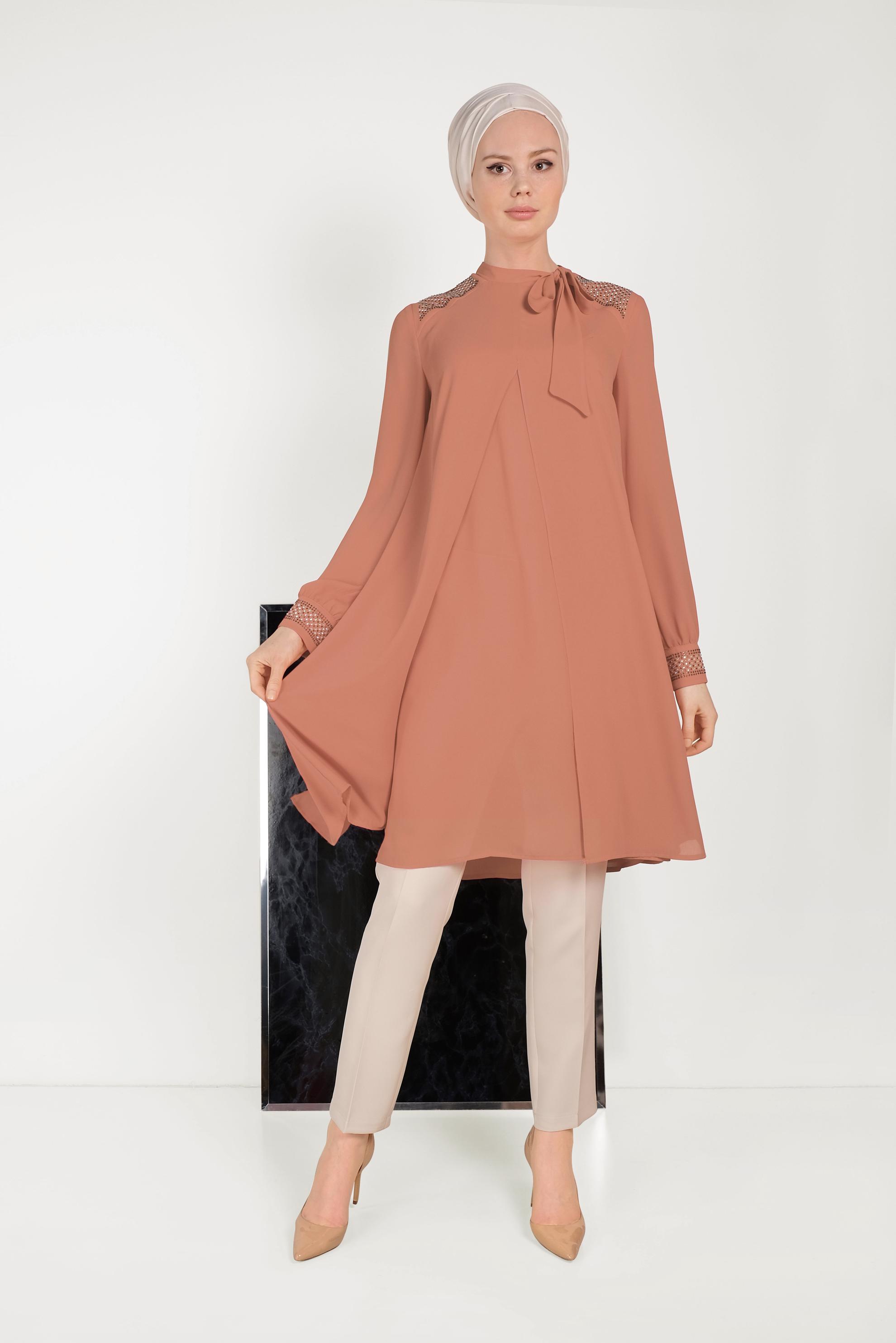 Tesettür giyim KAHVE İŞLEMELİ YAKA DETAYLI  ŞİFON PANTOLONLU TAKIM  30010