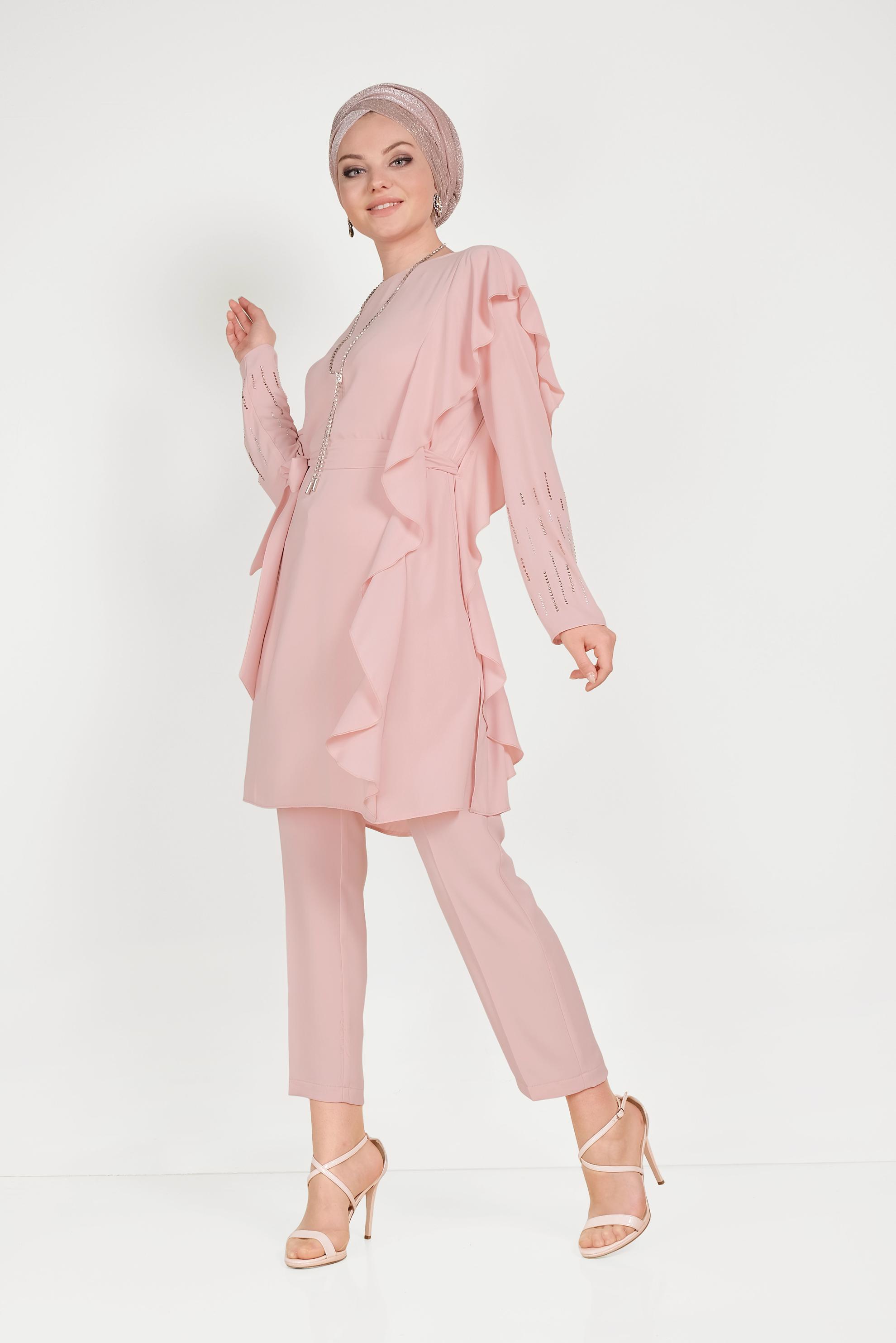 Tesettür giyim PUDRA FIRFIR DETAYLI TAŞLI İKİLİ PANTOLONLU TAKIM 30011