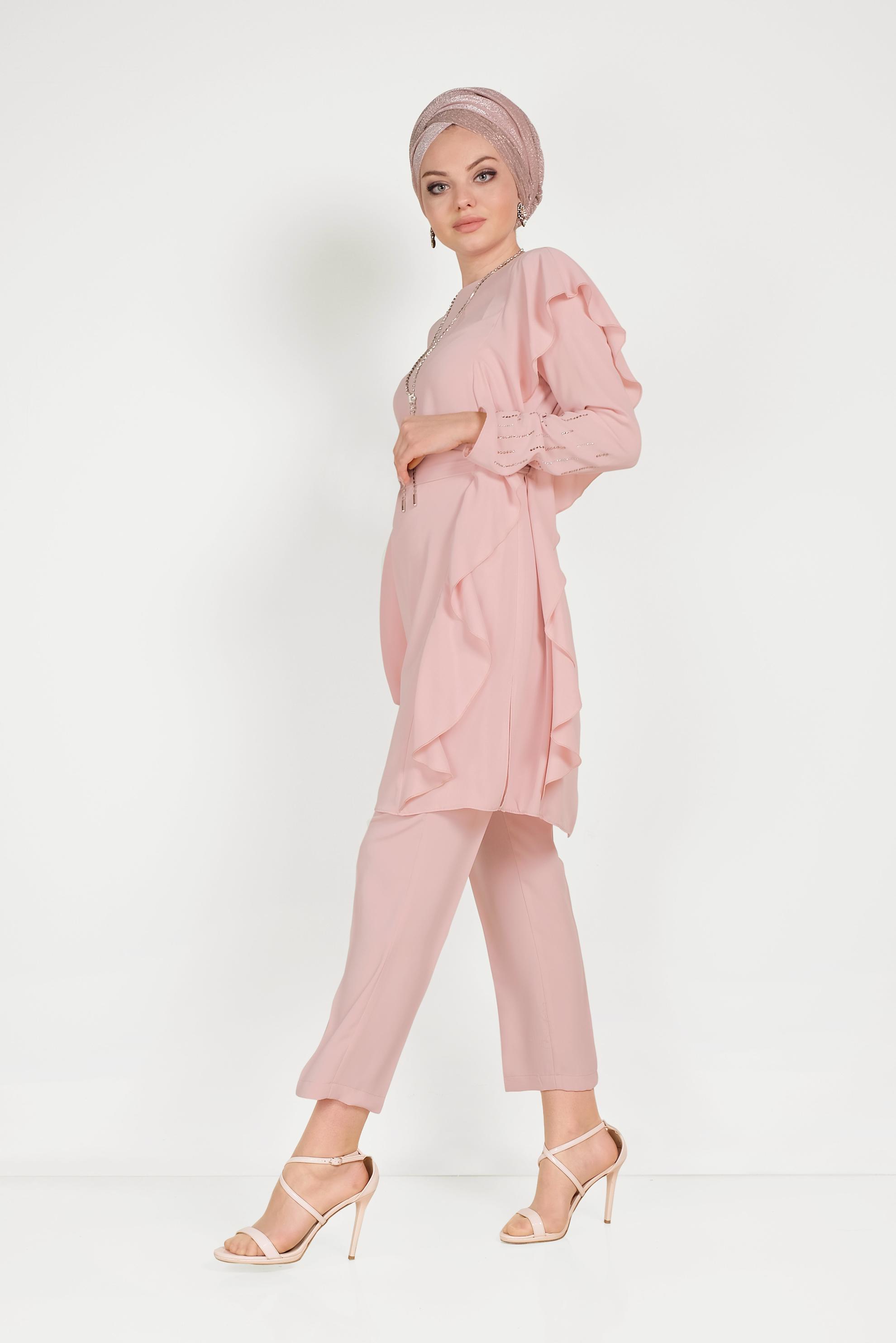Tesettür giyim PUDRA FIRFIR DETAYLI TAŞLI İKİLİ PANTOLONLU TAKIM 30011