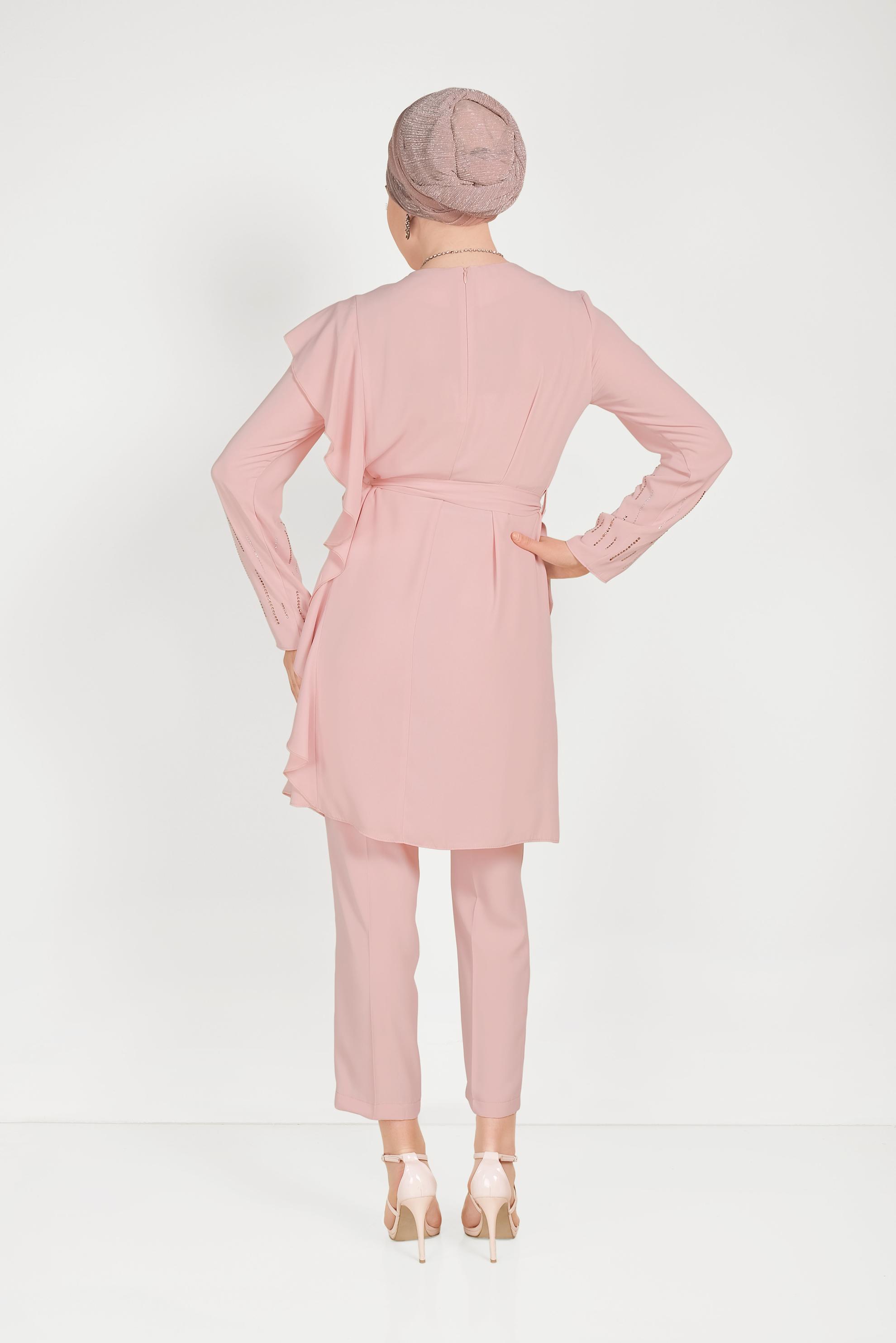 Tesettür giyim PUDRA FIRFIR DETAYLI TAŞLI İKİLİ PANTOLONLU TAKIM 30011