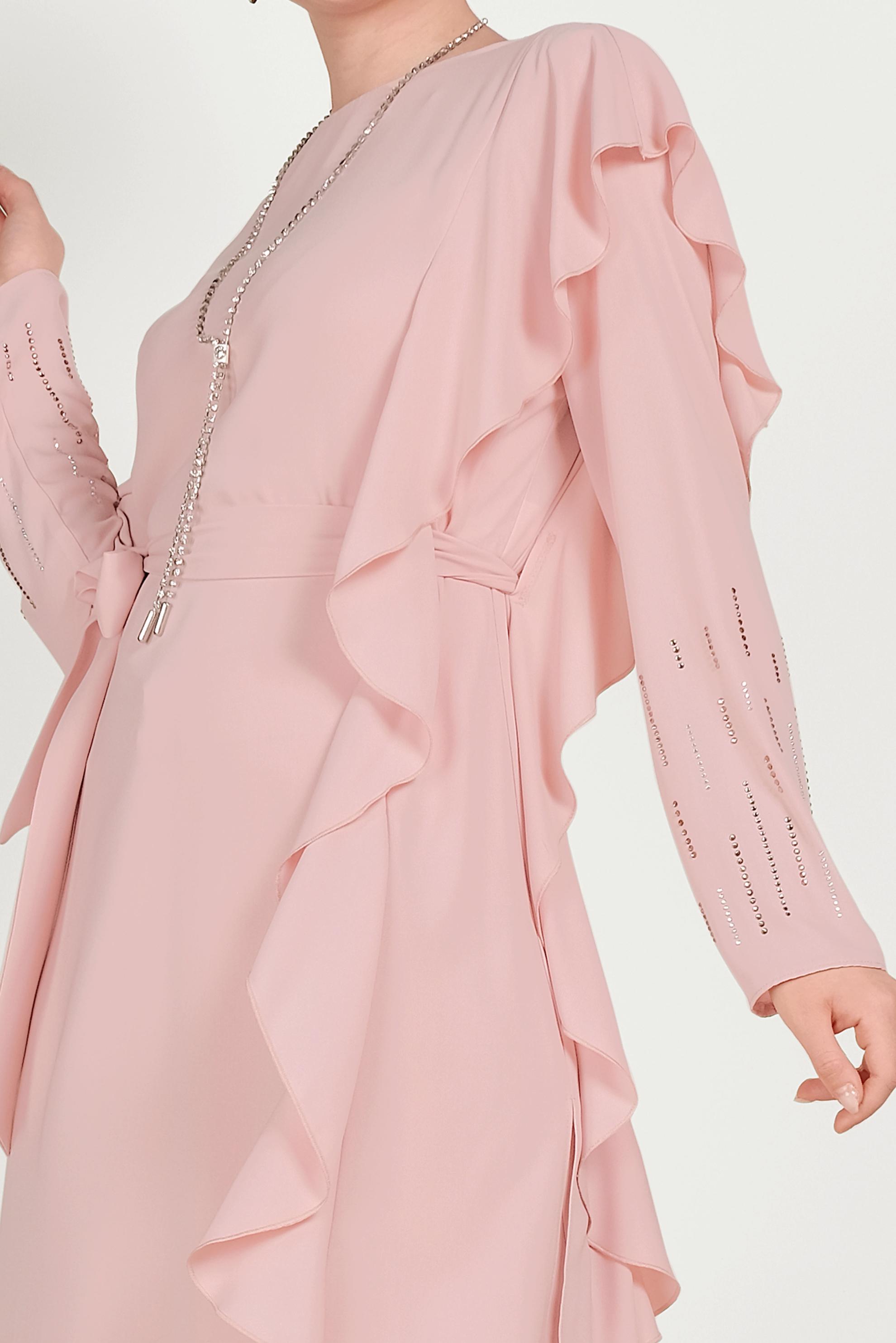 Tesettür giyim PUDRA FIRFIR DETAYLI TAŞLI İKİLİ PANTOLONLU TAKIM 30011