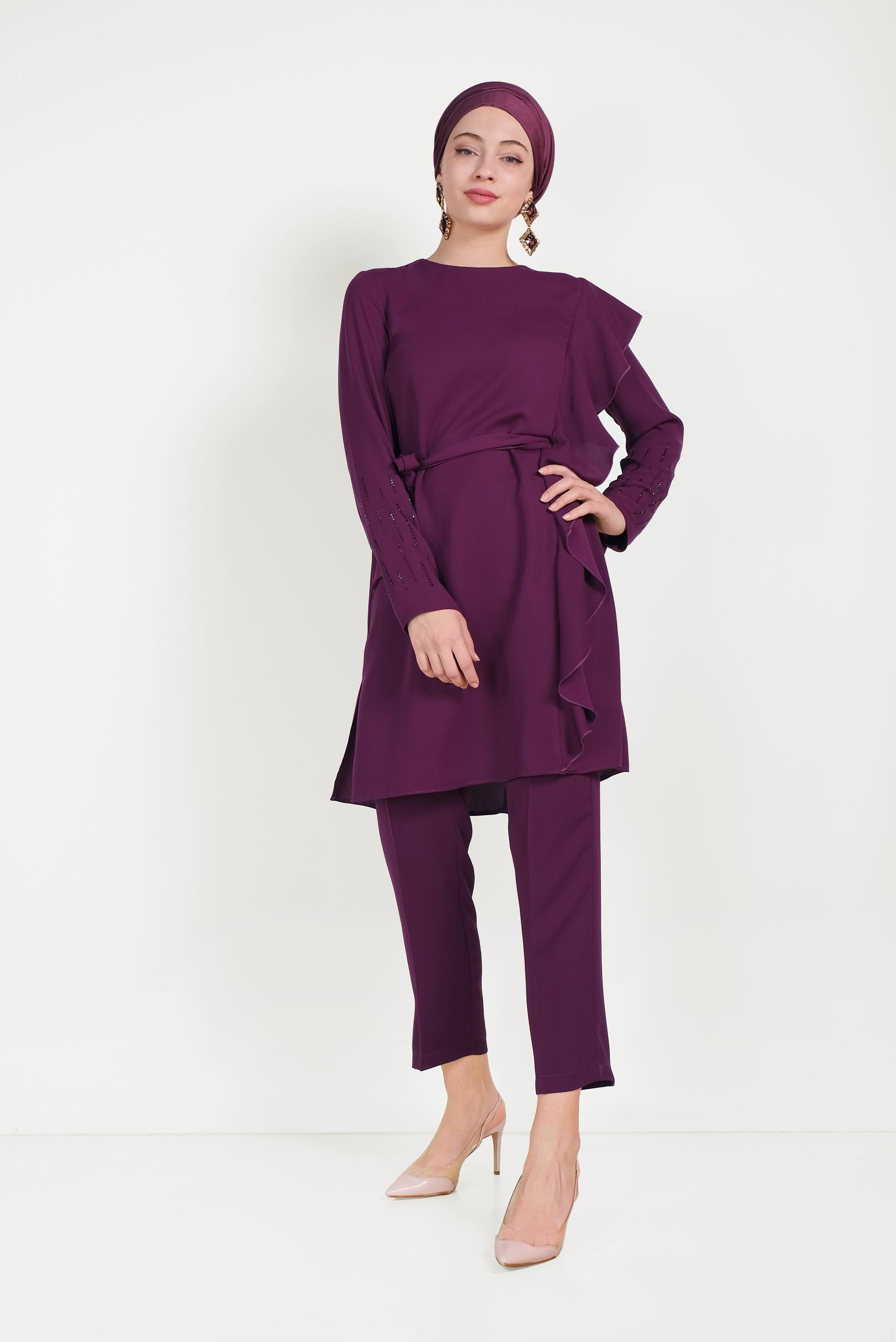 Tesettür giyim MOR FIRFIR DETAYLI TAŞLI İKİLİ PANTOLONLU TAKIM 30011