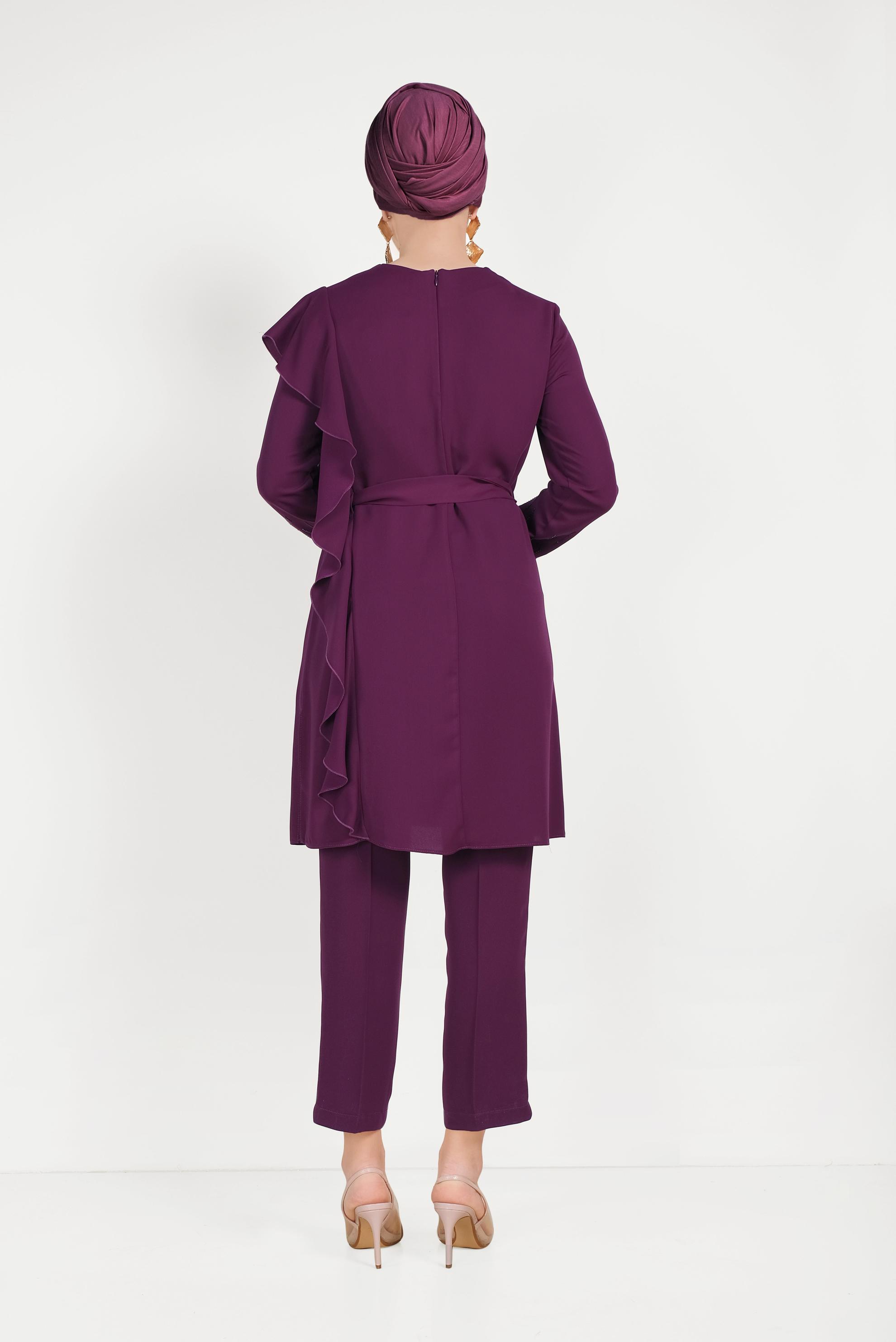 Tesettür giyim MOR FIRFIR DETAYLI TAŞLI İKİLİ PANTOLONLU TAKIM 30011