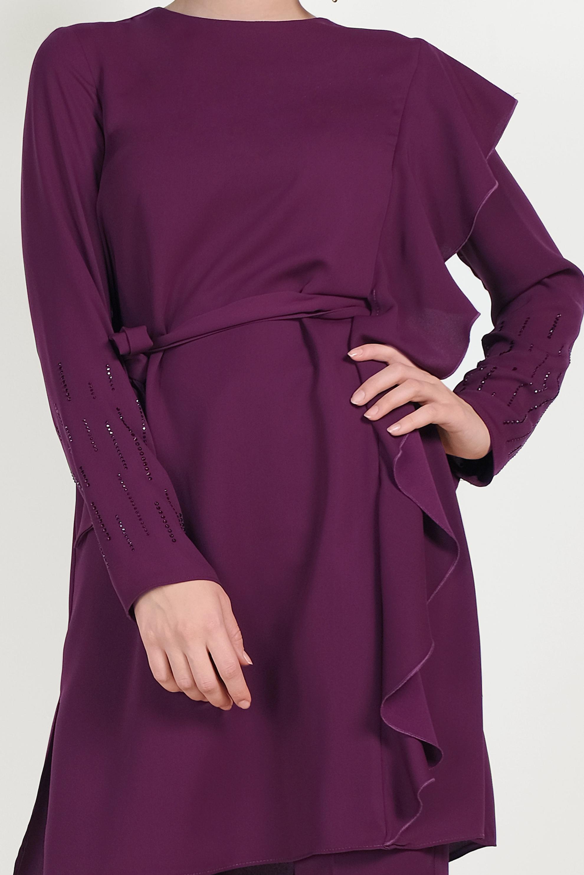 Tesettür giyim MOR FIRFIR DETAYLI TAŞLI İKİLİ PANTOLONLU TAKIM 30011