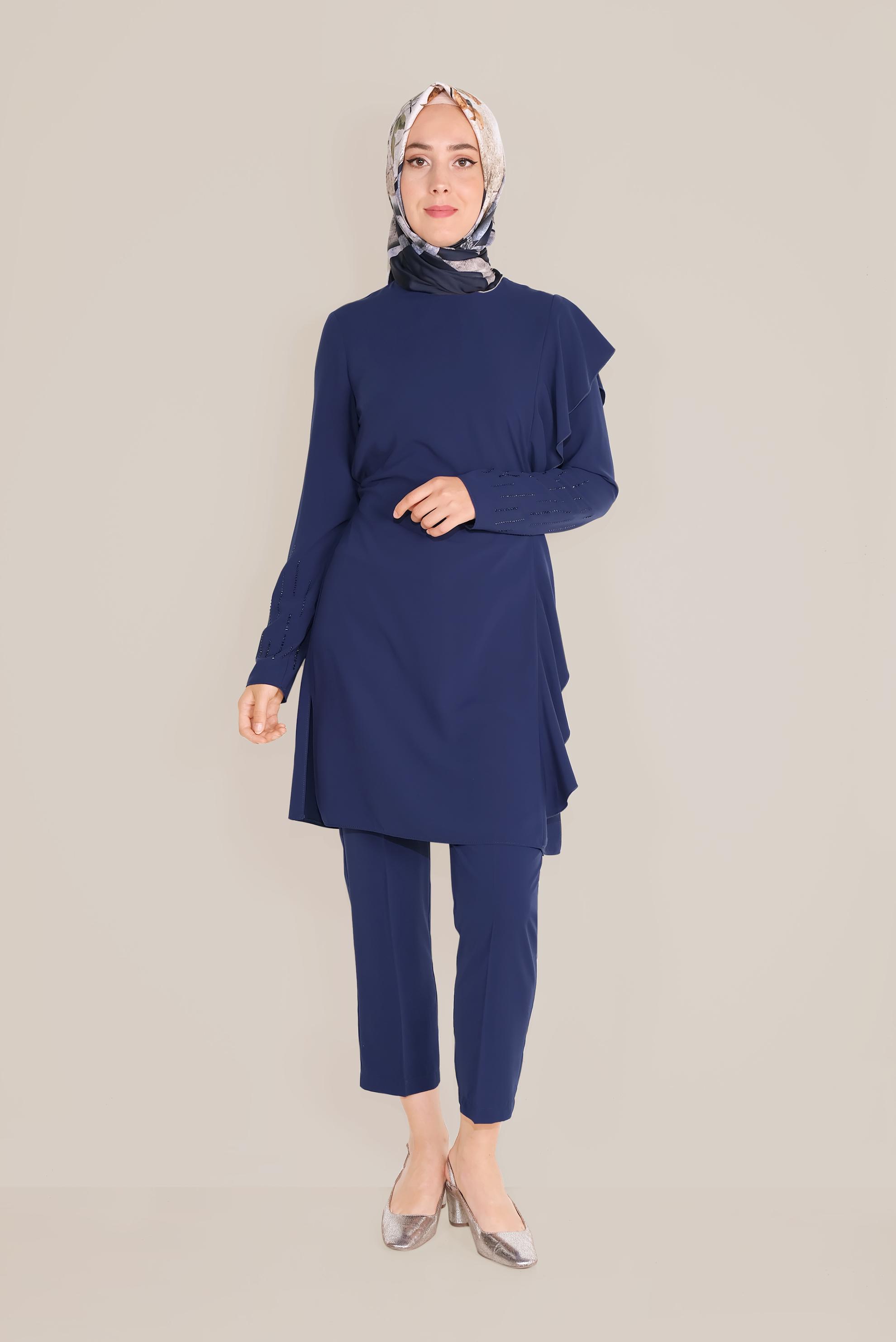 Tesettür giyim LACİVERT FIRFIR DETAYLI TAŞLI İKİLİ PANTOLONLU TAKIM 30011