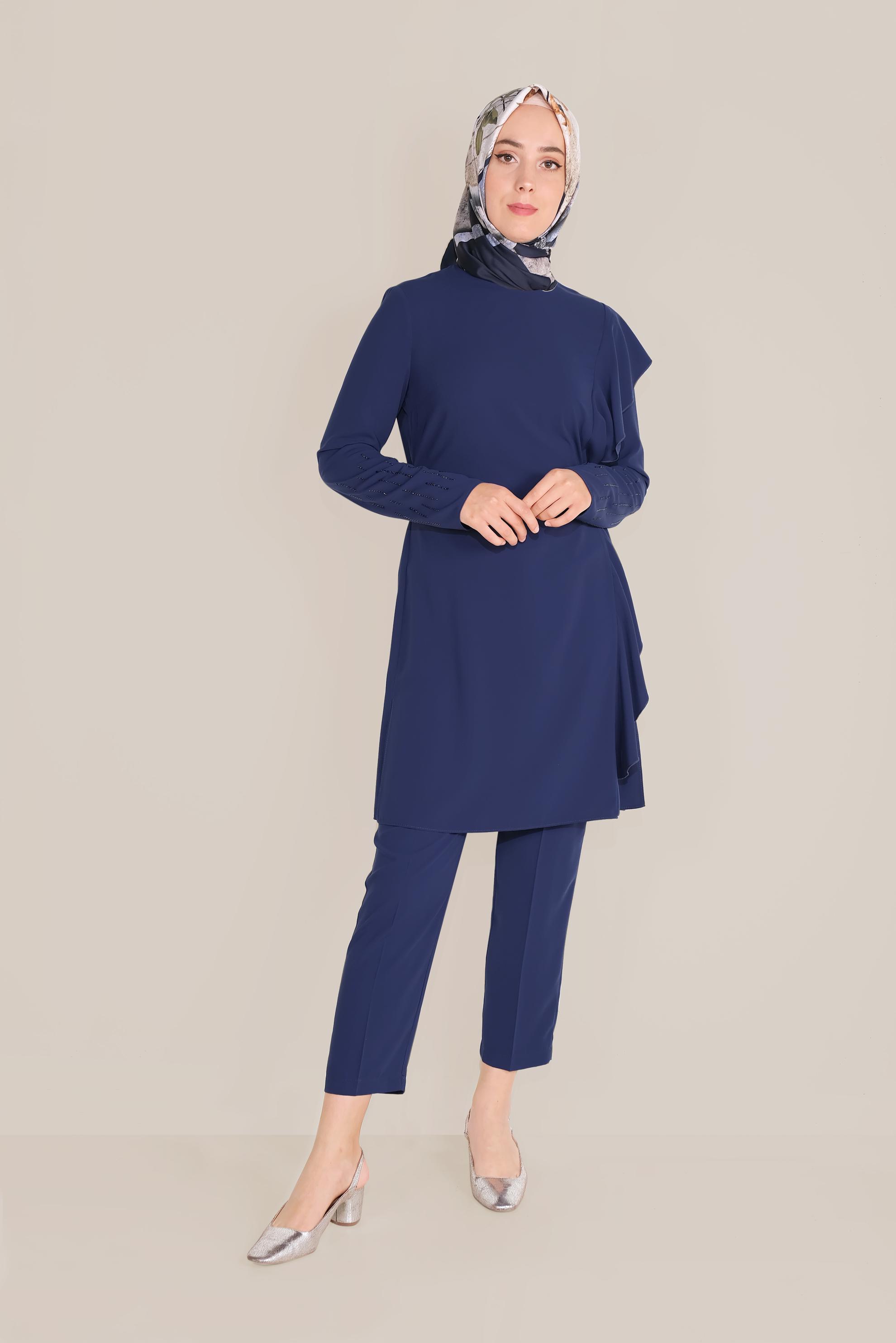 Tesettür giyim LACİVERT FIRFIR DETAYLI TAŞLI İKİLİ PANTOLONLU TAKIM 30011