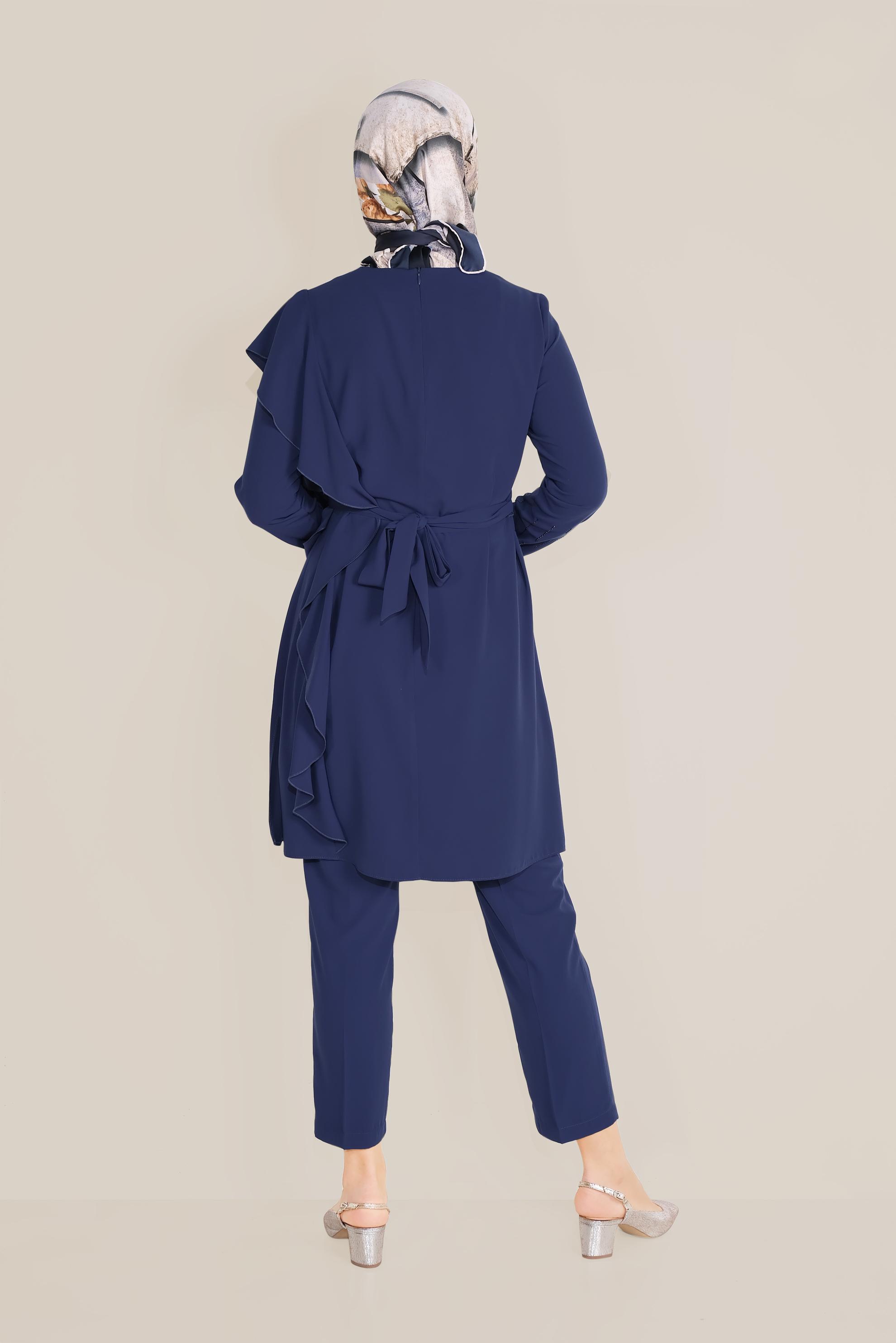 Tesettür giyim LACİVERT FIRFIR DETAYLI TAŞLI İKİLİ PANTOLONLU TAKIM 30011