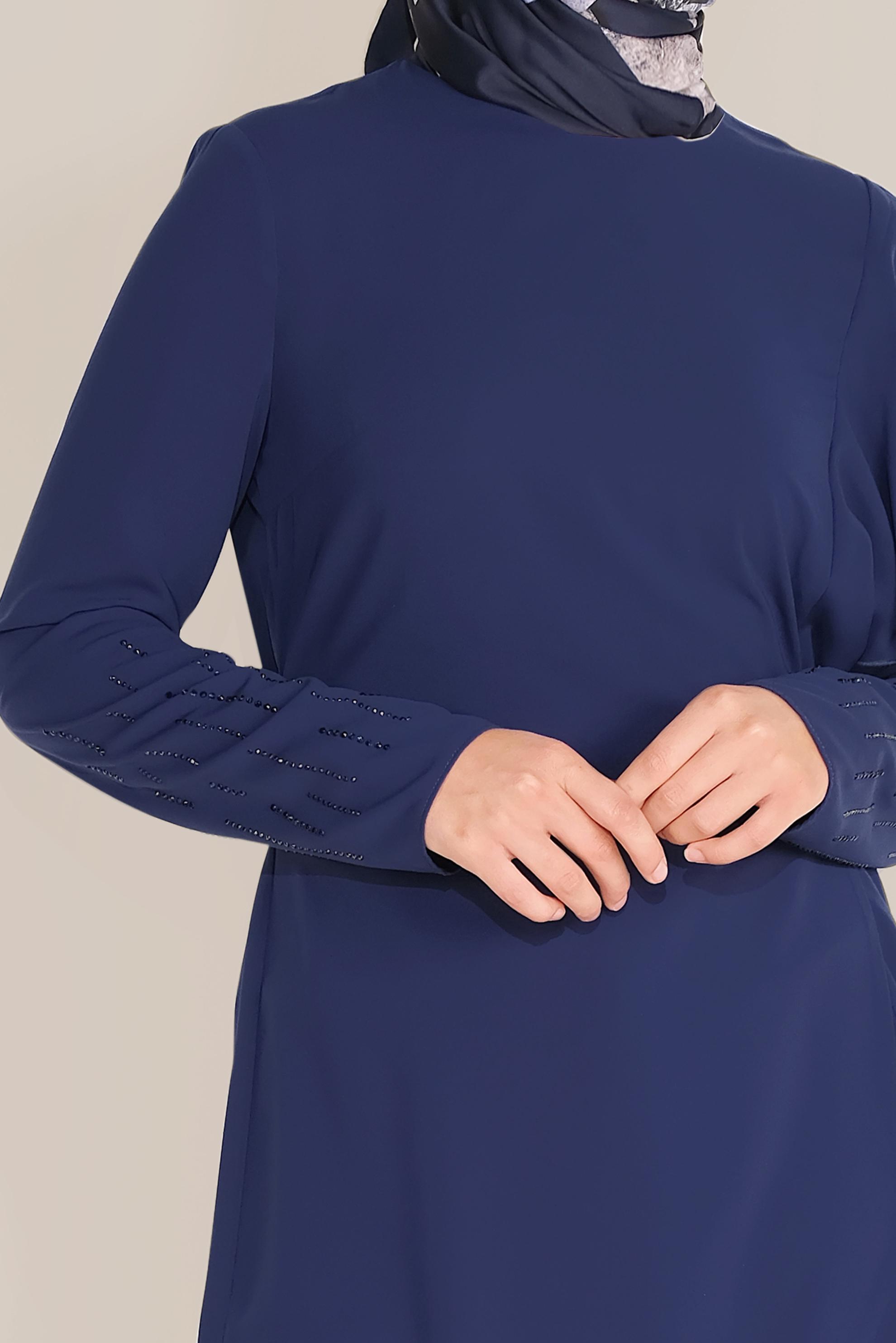 Tesettür giyim LACİVERT FIRFIR DETAYLI TAŞLI İKİLİ PANTOLONLU TAKIM 30011